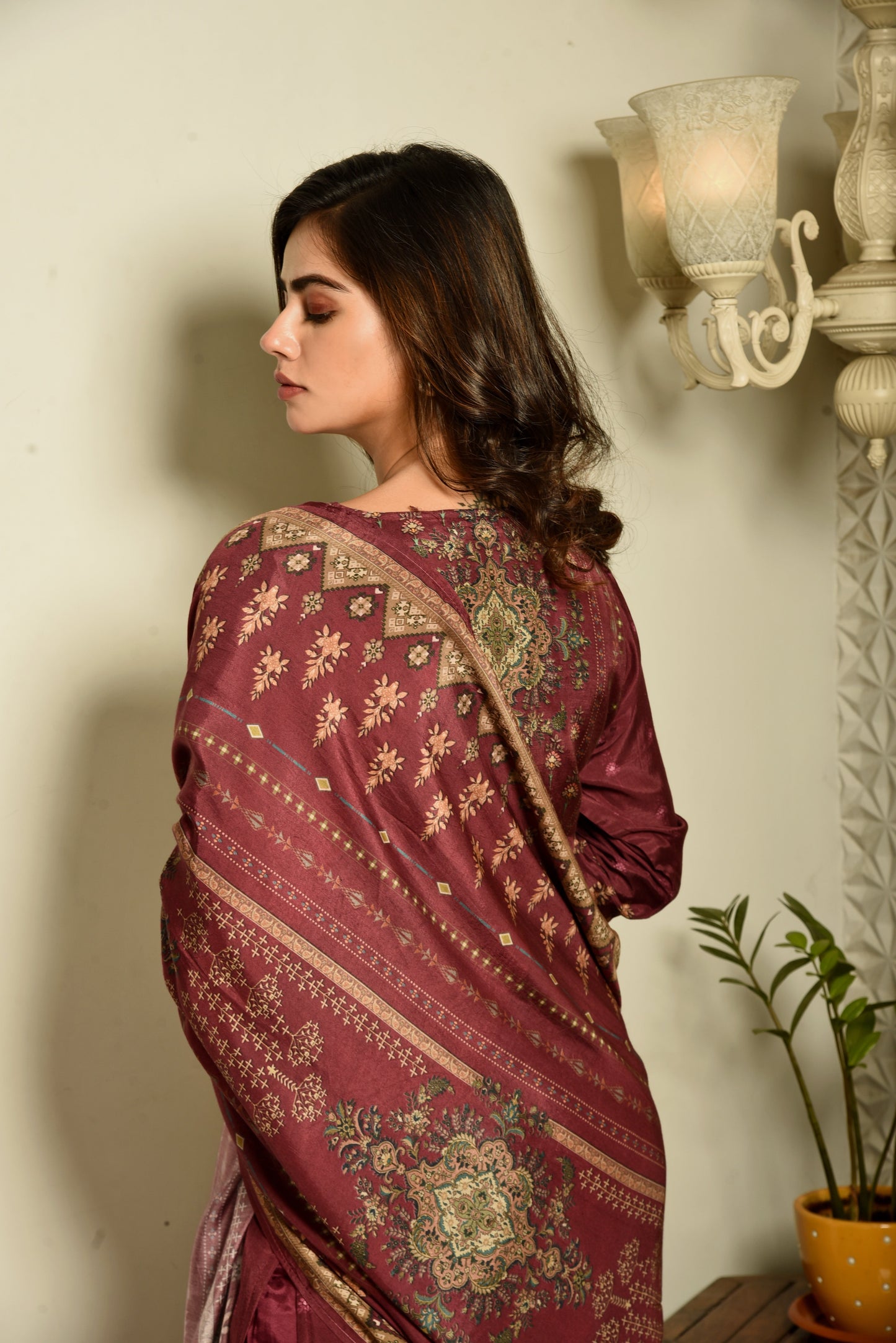 Wine Muslin Silk Printed Kurta set with Embroidery & crochet lace