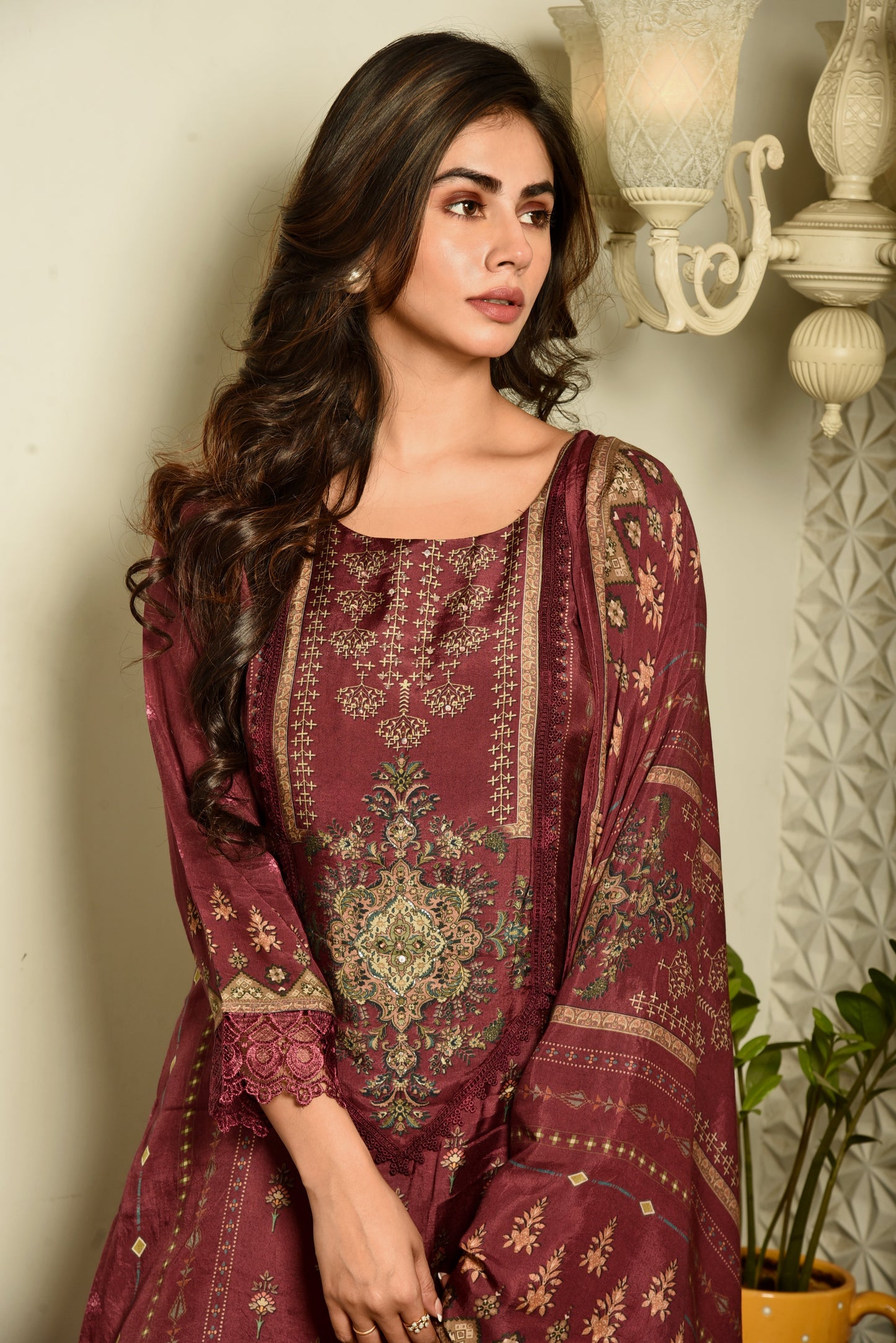 Wine Muslin Silk Printed Kurta set with Embroidery & crochet lace