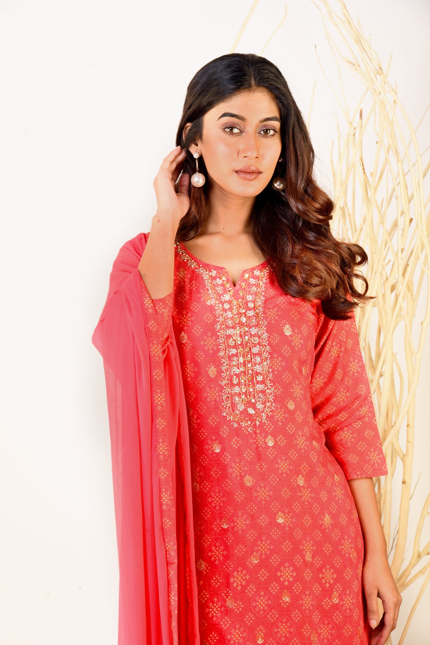 Blooming Red Muslin Silk Printed Kurta set with Embroidery & Lace