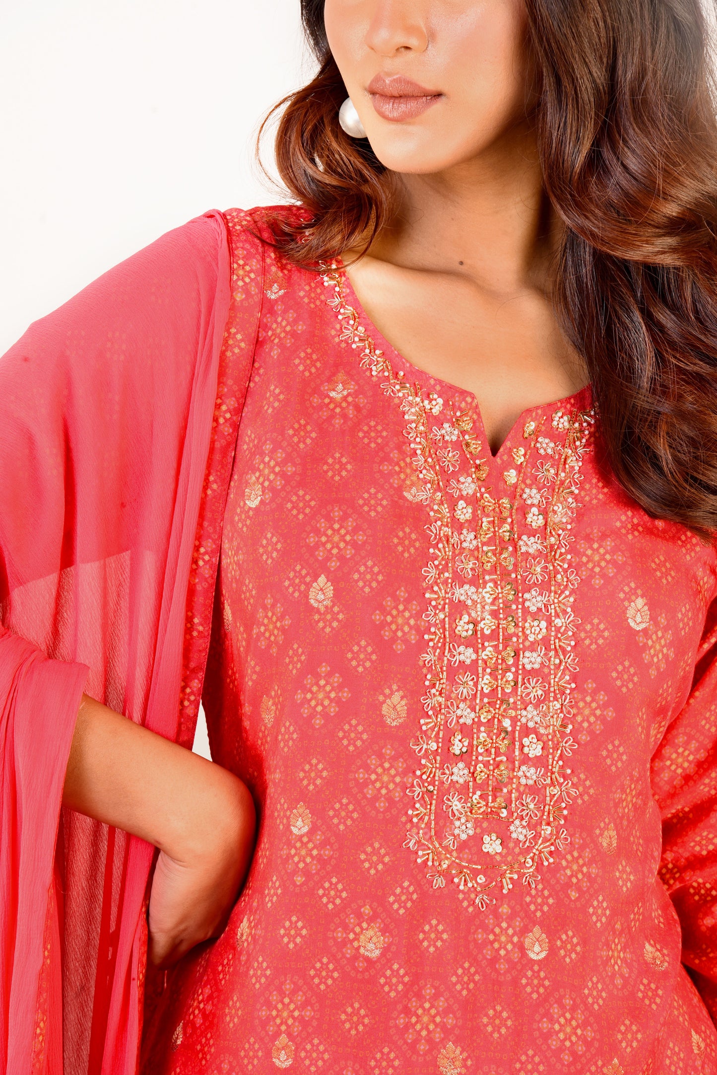 Blooming Red Muslin Silk Printed Kurta set with Embroidery & Lace