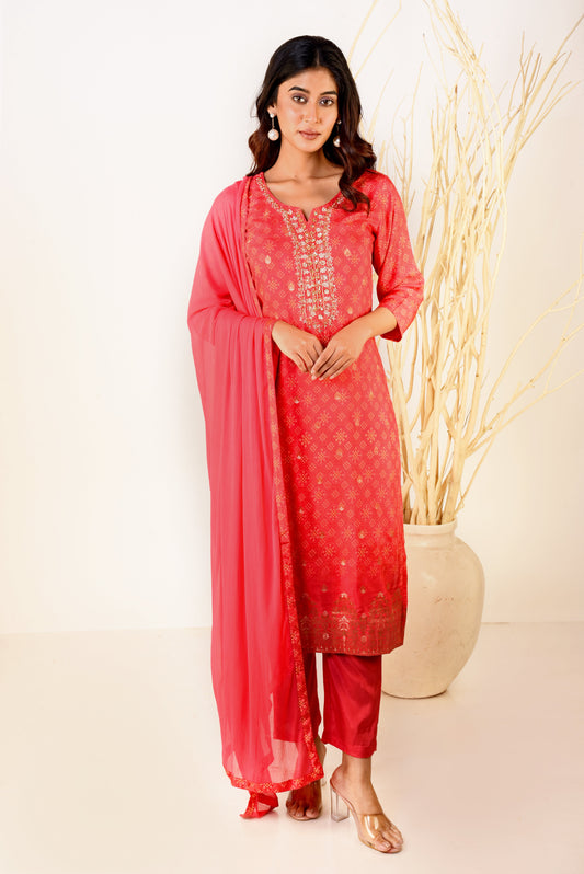 Blooming Red Muslin Silk Printed Kurta set with Embroidery & Lace