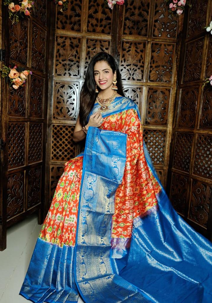 orange and Blue Pure Ikkat silk Saree