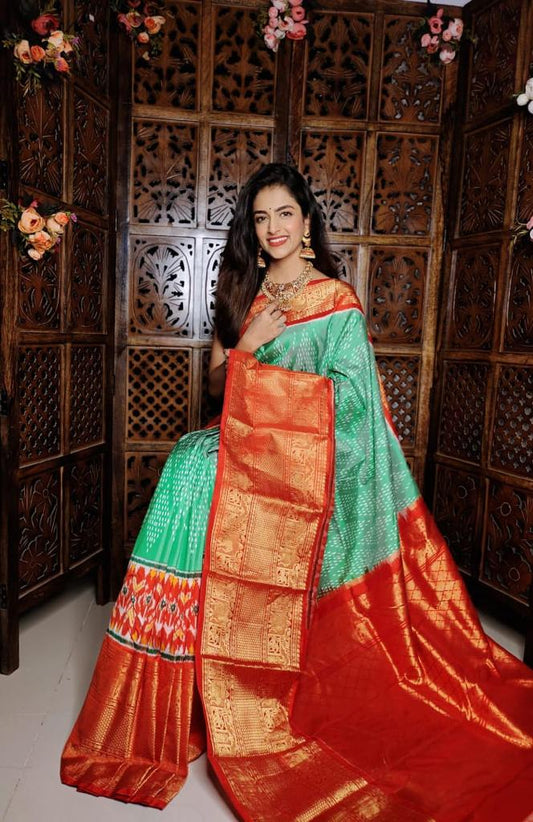 Green and Red Pure Ikkat silk Saree