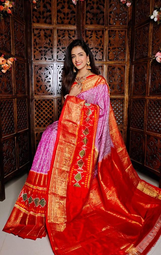 Pink and Red Pure Ikkat silk Saree