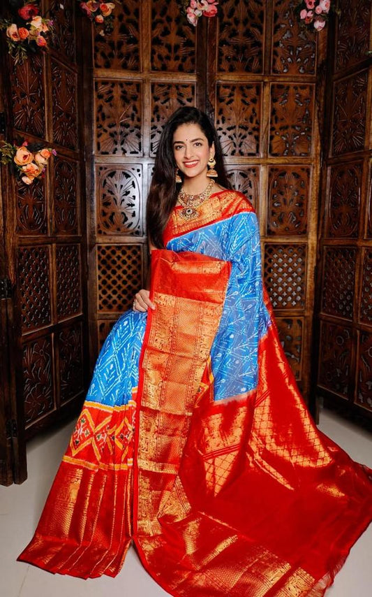 Blue and red Pure Ikkat silk Saree