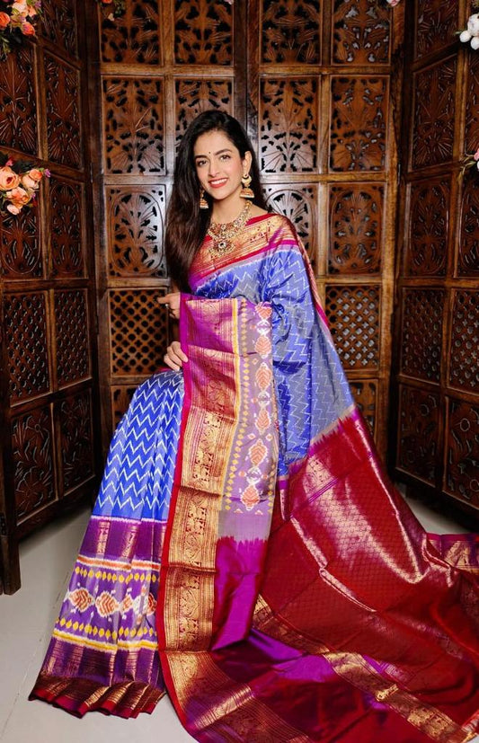 Blue zigzag pattern heavy border Pure Ikkat silk wedding saree