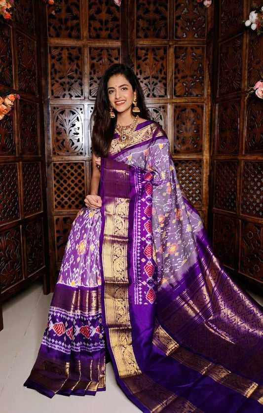 Purple and royal blue Pure Ikkat silk Saree