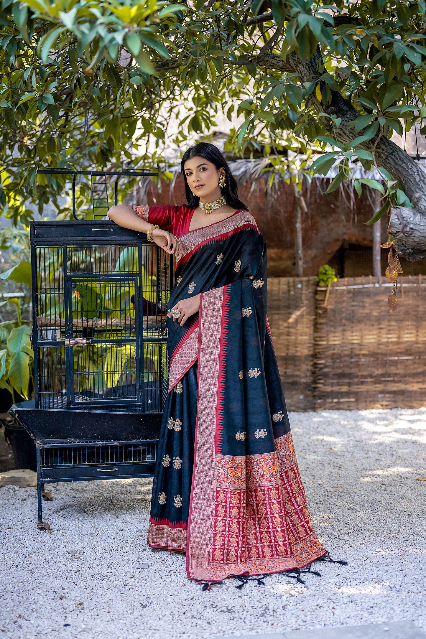 Black Handloom Bulchari Tussar silk Zari woven Meenakari Saree