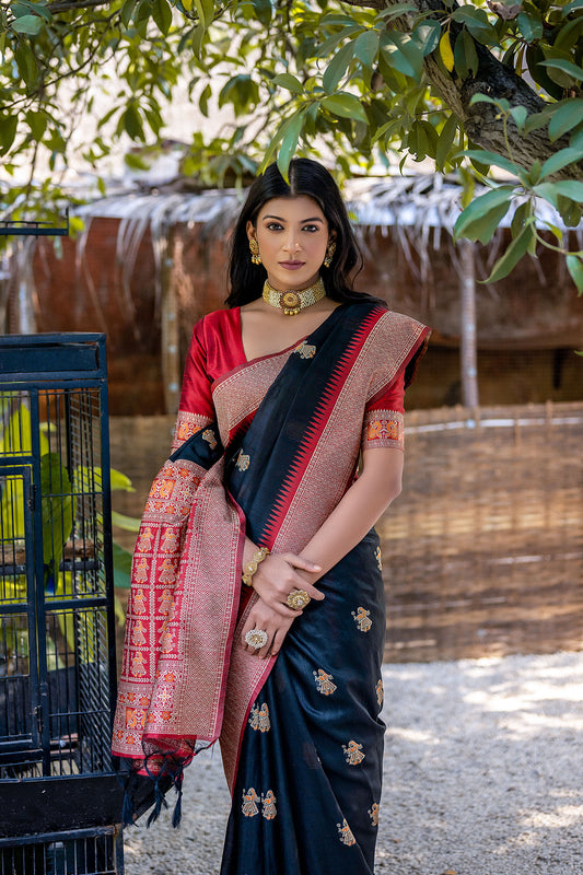 Black Handloom Bulchari Tussar silk Zari woven Meenakari Saree