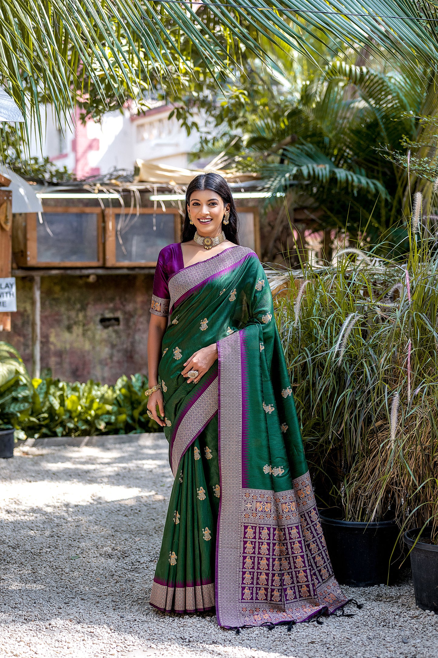 Green Handloom Bulchari Tussar silk Zari woven Meenakari Saree