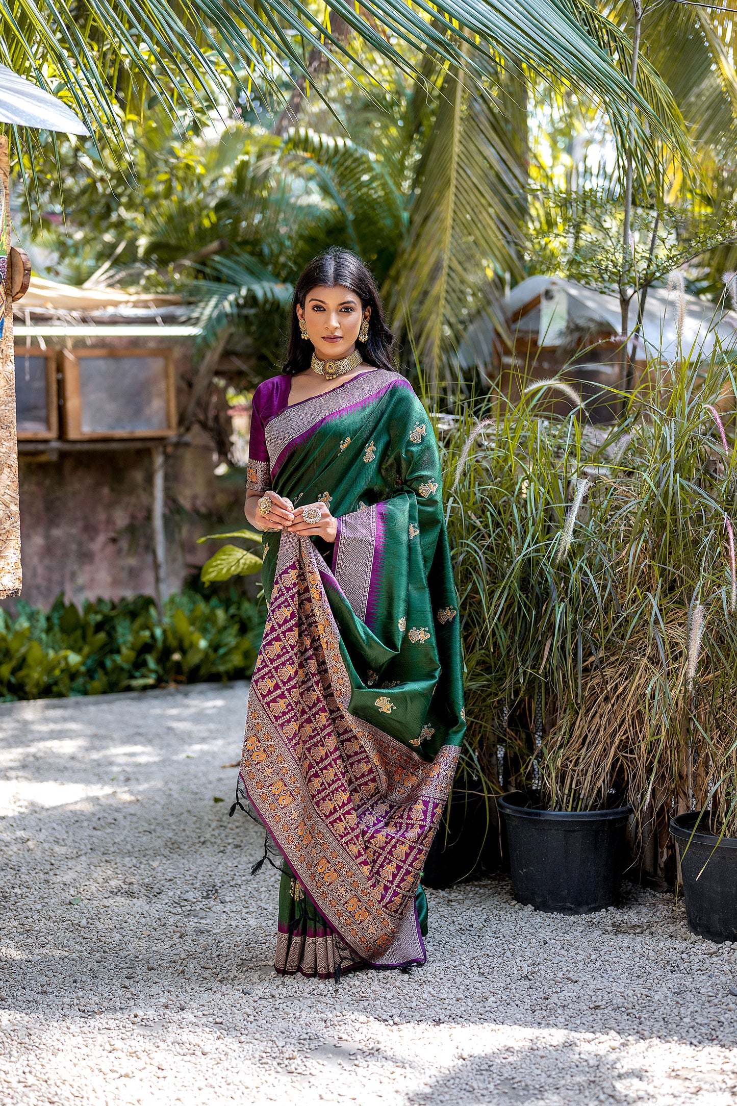 Green Handloom Bulchari Tussar silk Zari woven Meenakari Saree