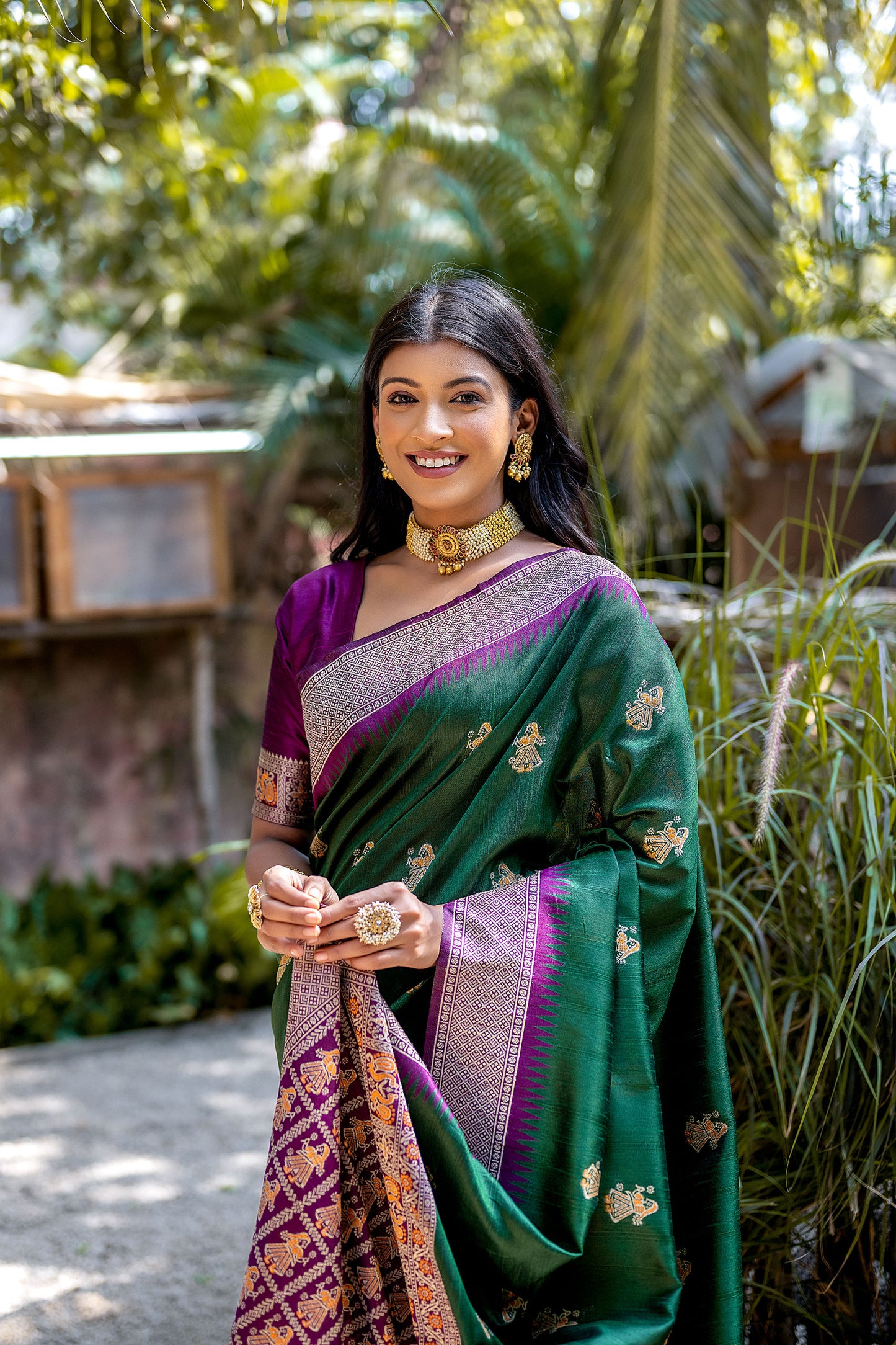 Green Handloom Bulchari Tussar silk Zari woven Meenakari Saree