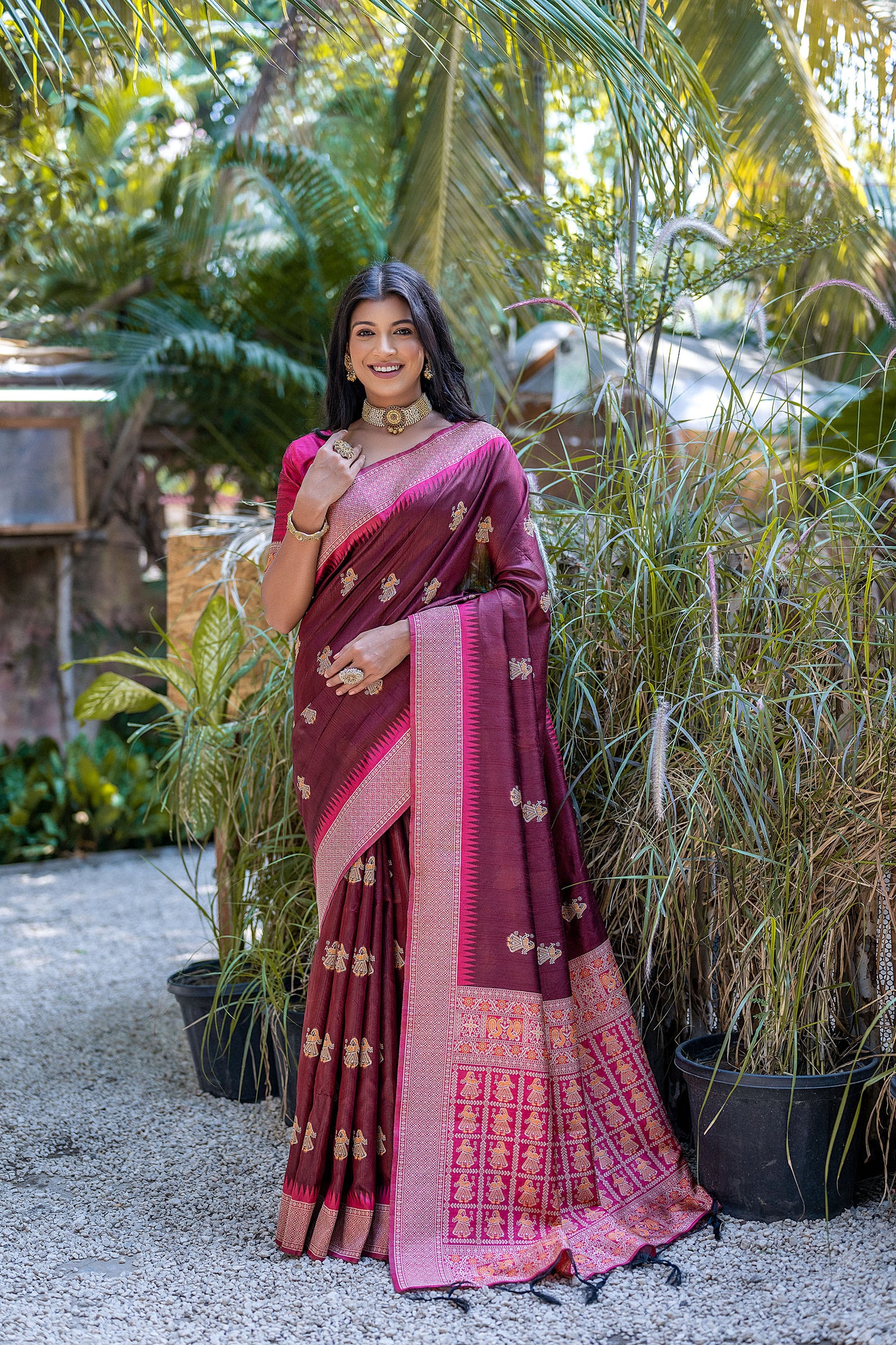 Maroon Handloom Bulchari Tussar silk Zari woven Meenakari Saree