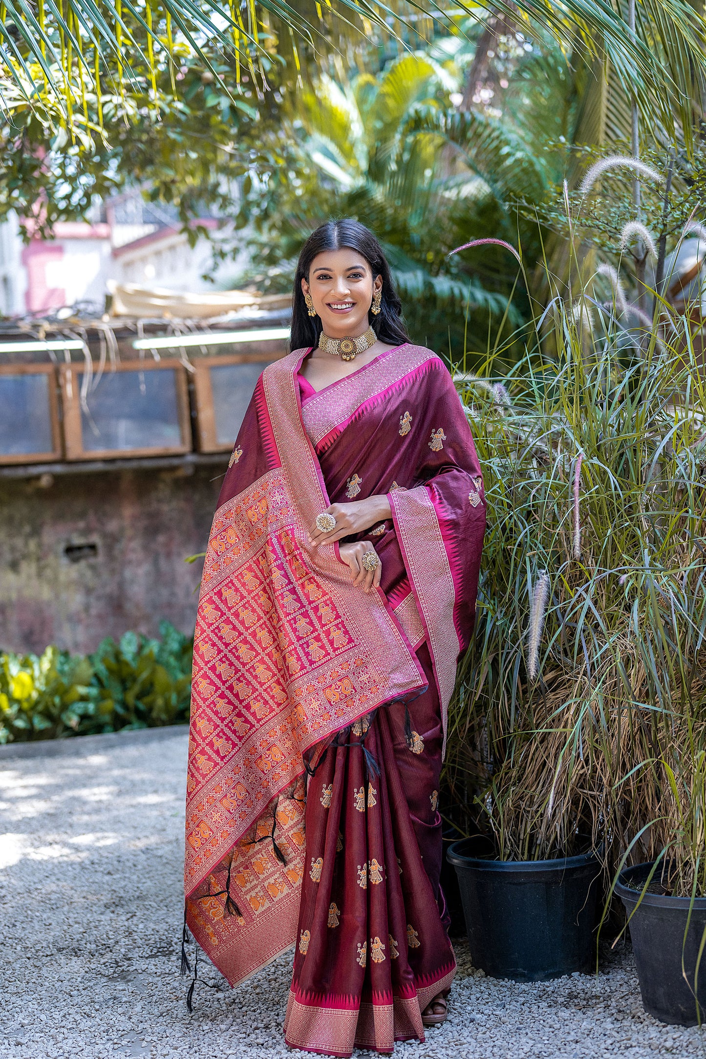 Maroon Handloom Bulchari Tussar silk Zari woven Meenakari Saree