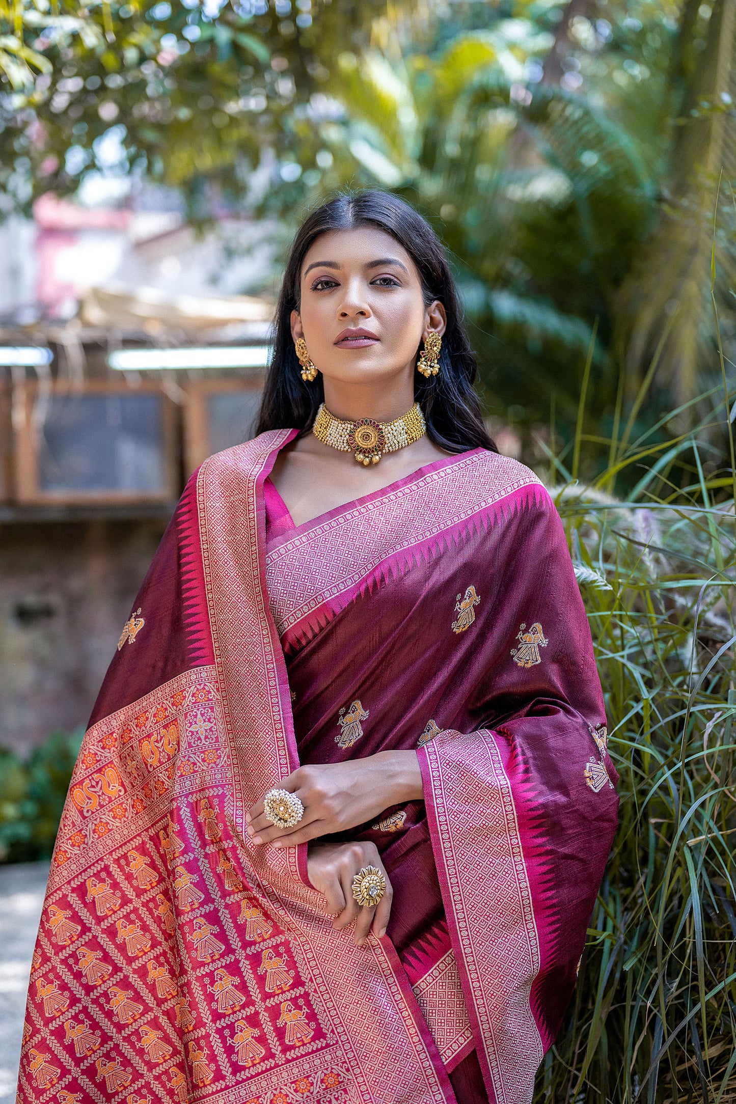 Maroon Handloom Bulchari Tussar silk Zari woven Meenakari Saree