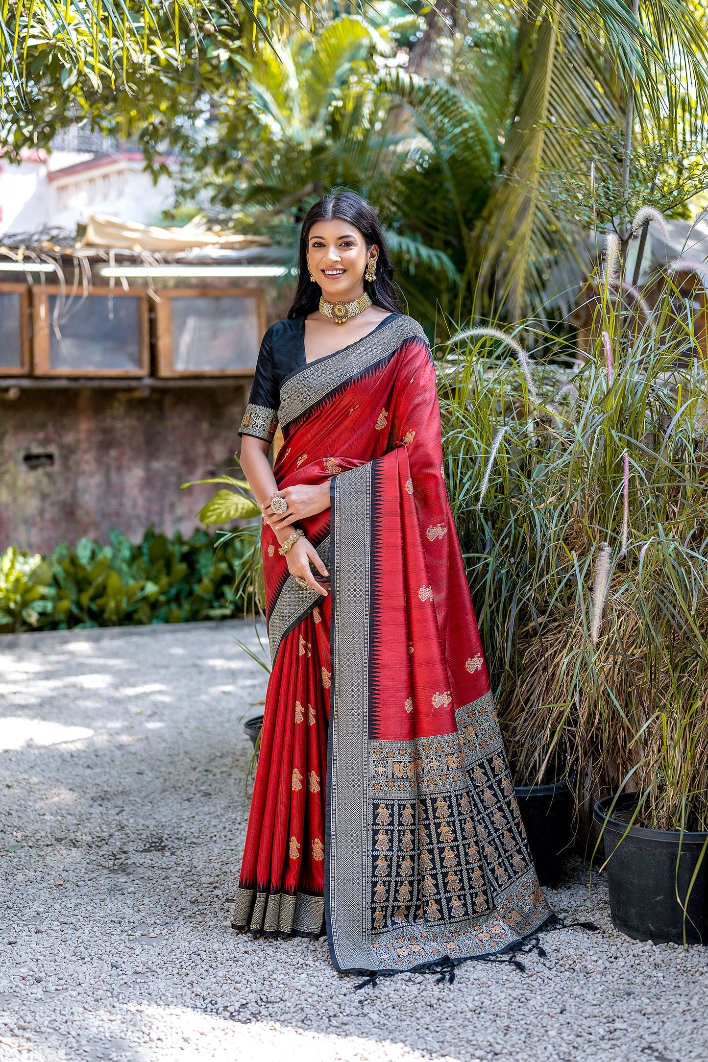 Red Handloom Bulchari Tussar silk Zari woven Meenakari Saree