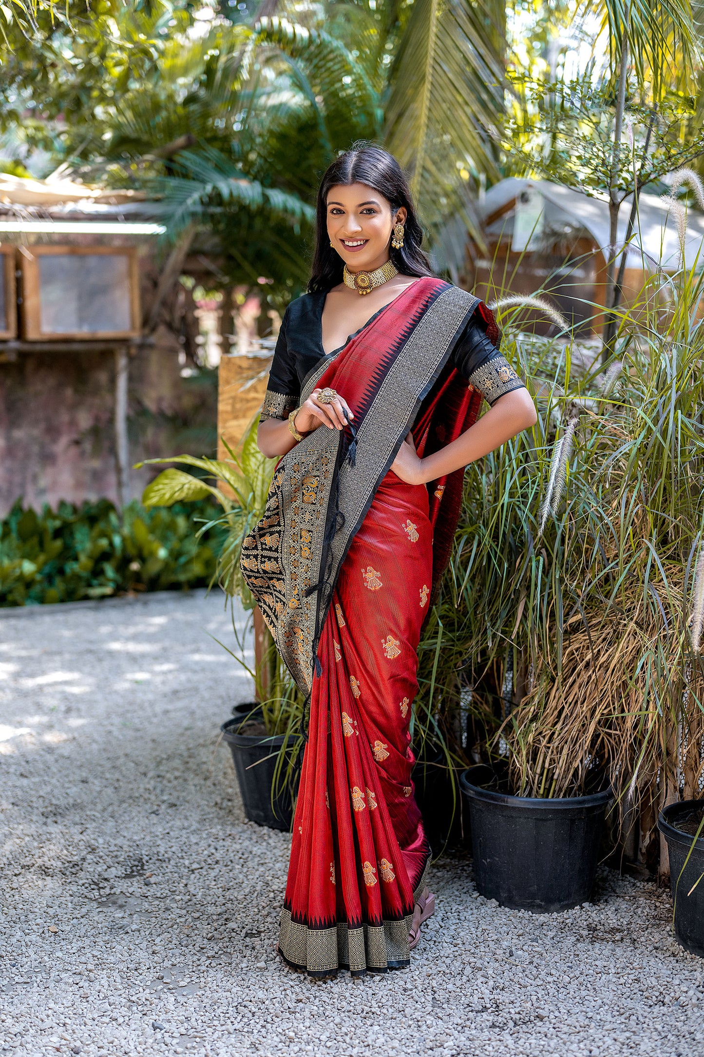 Red Handloom Bulchari Tussar silk Zari woven Meenakari Saree