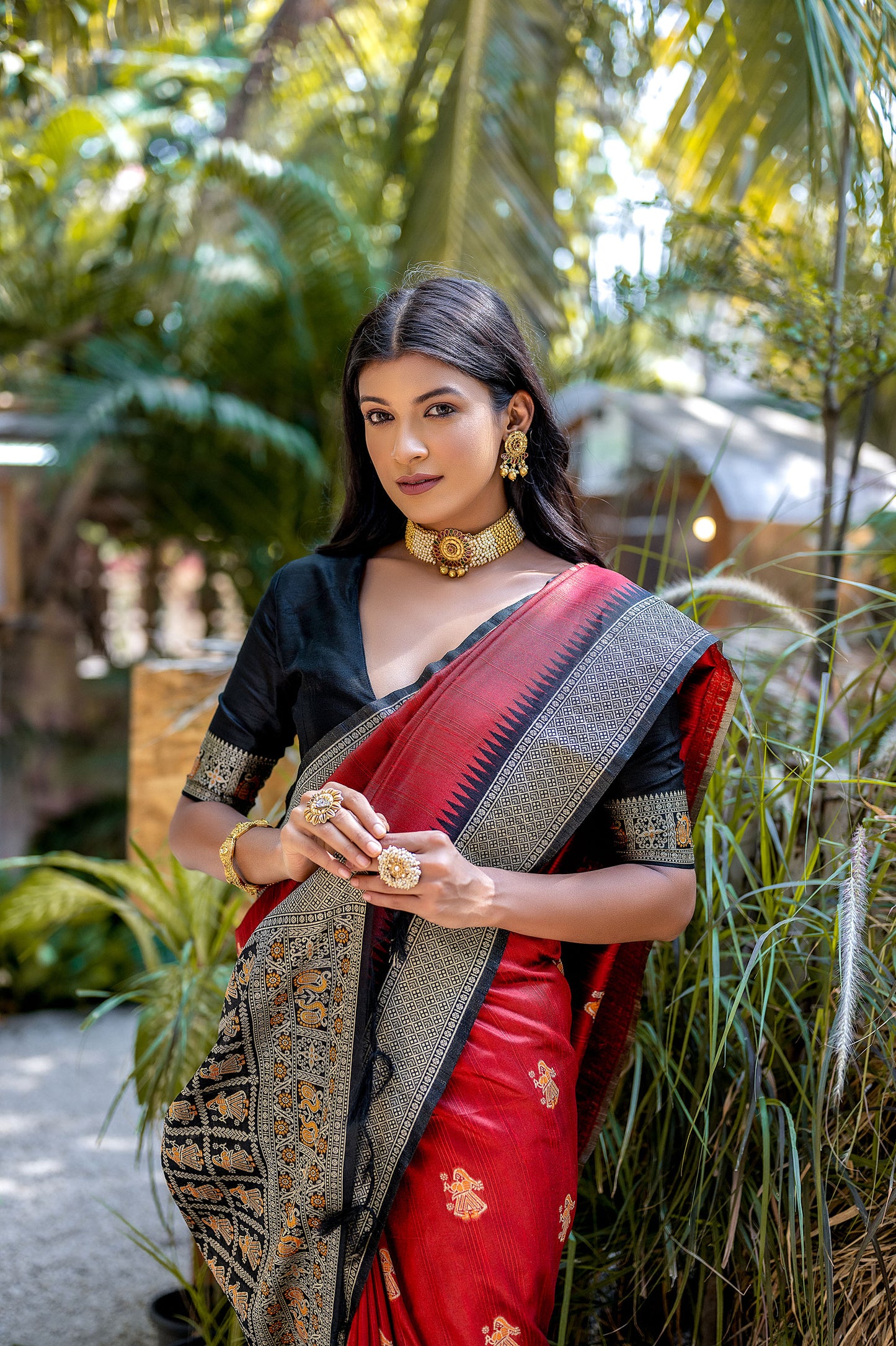 Red Handloom Bulchari Tussar silk Zari woven Meenakari Saree