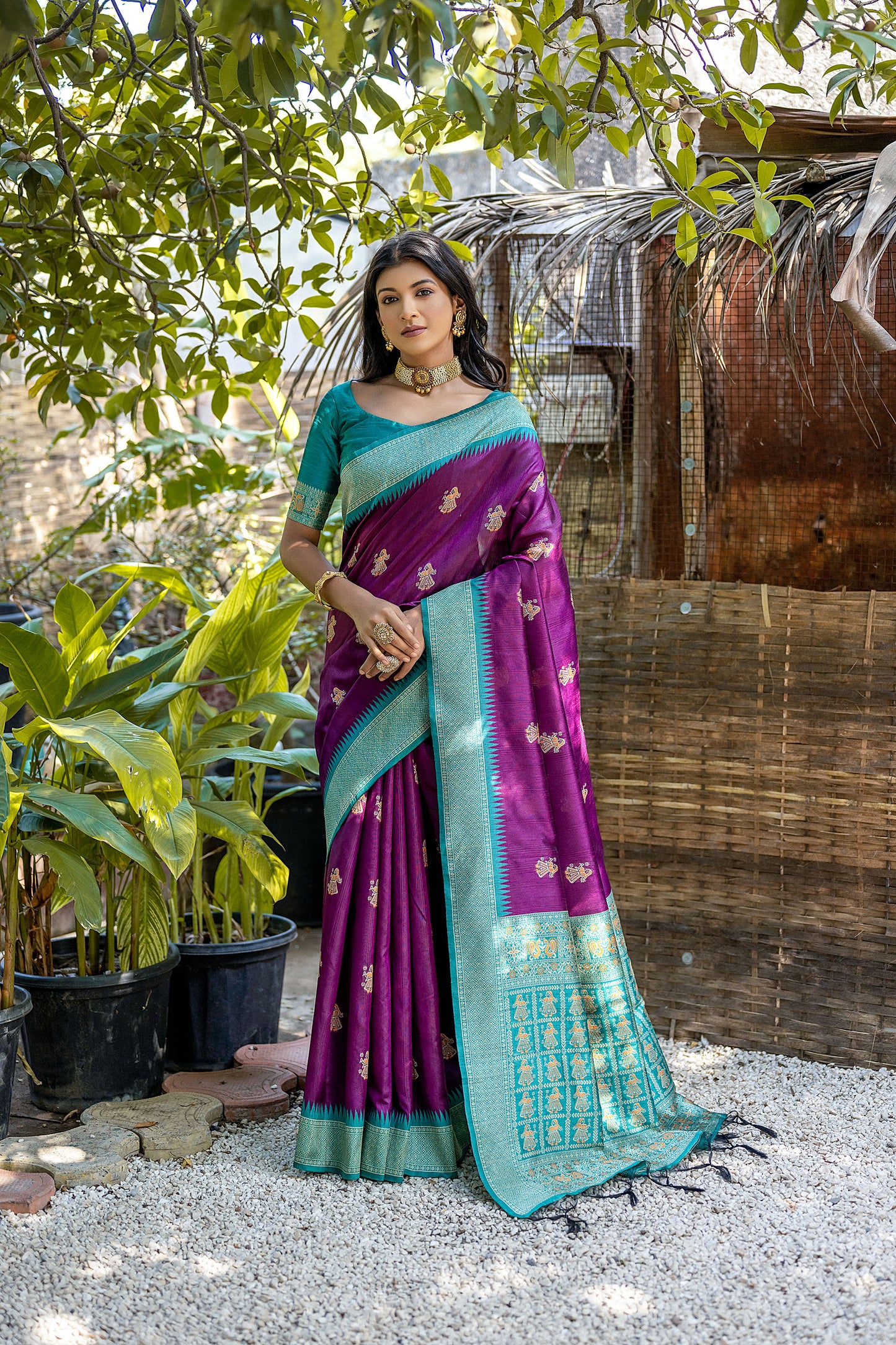 Wine Handloom Bulchari Tussar silk Zari woven Meenakari Saree