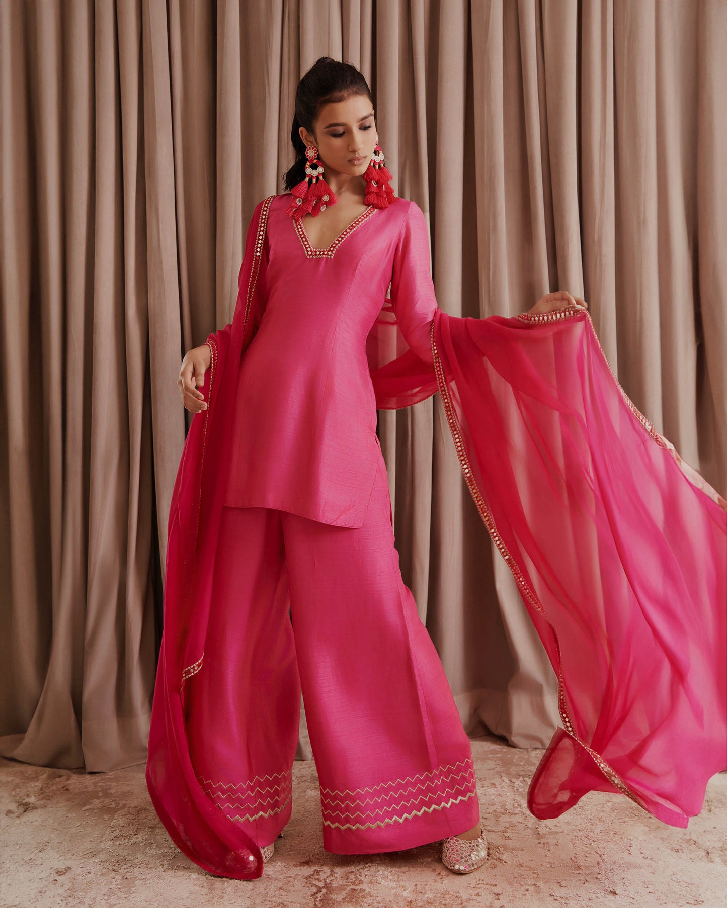 Hot Pink Silk Kurti Palazzo Set