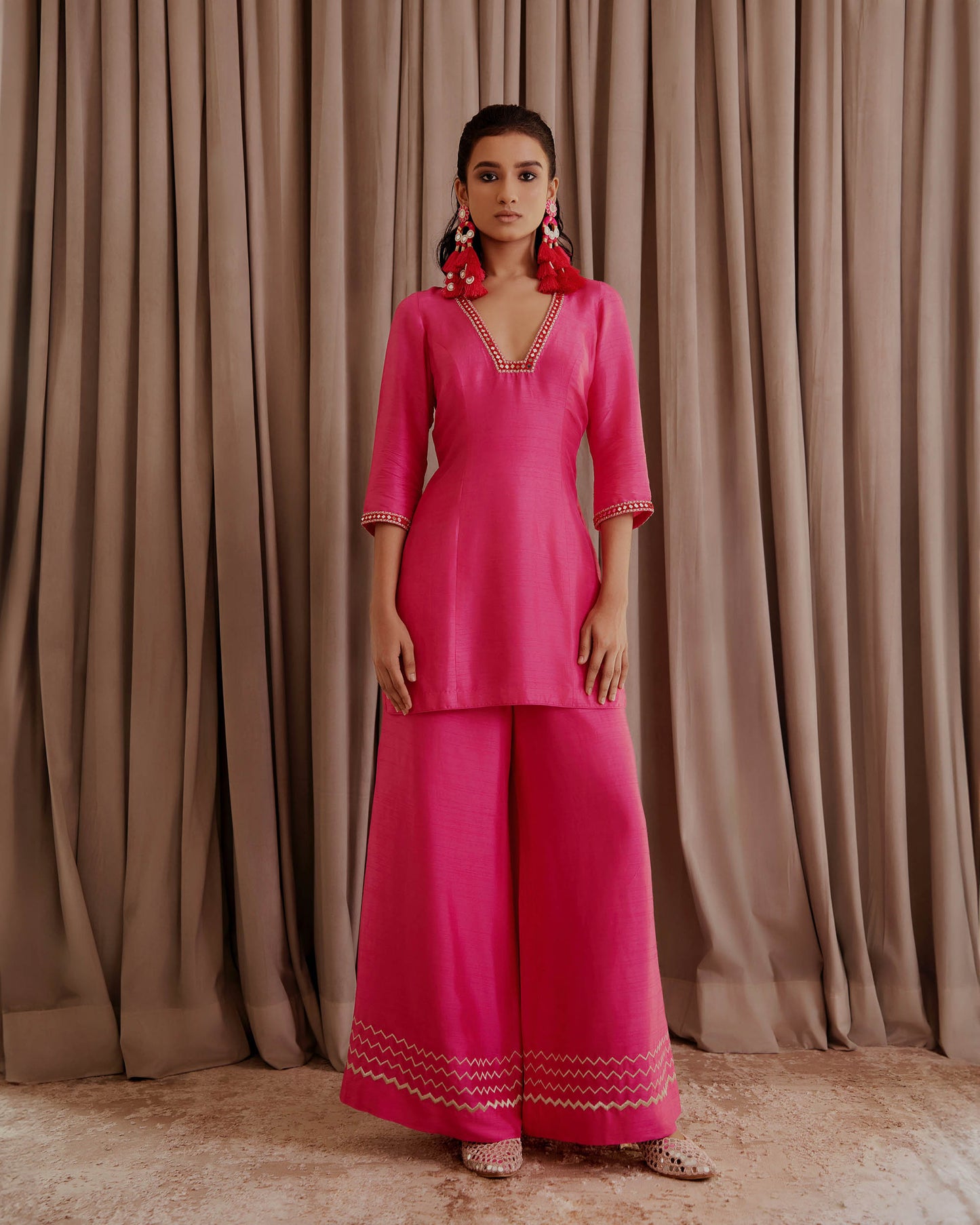 Hot Pink Silk Kurti Palazzo Set