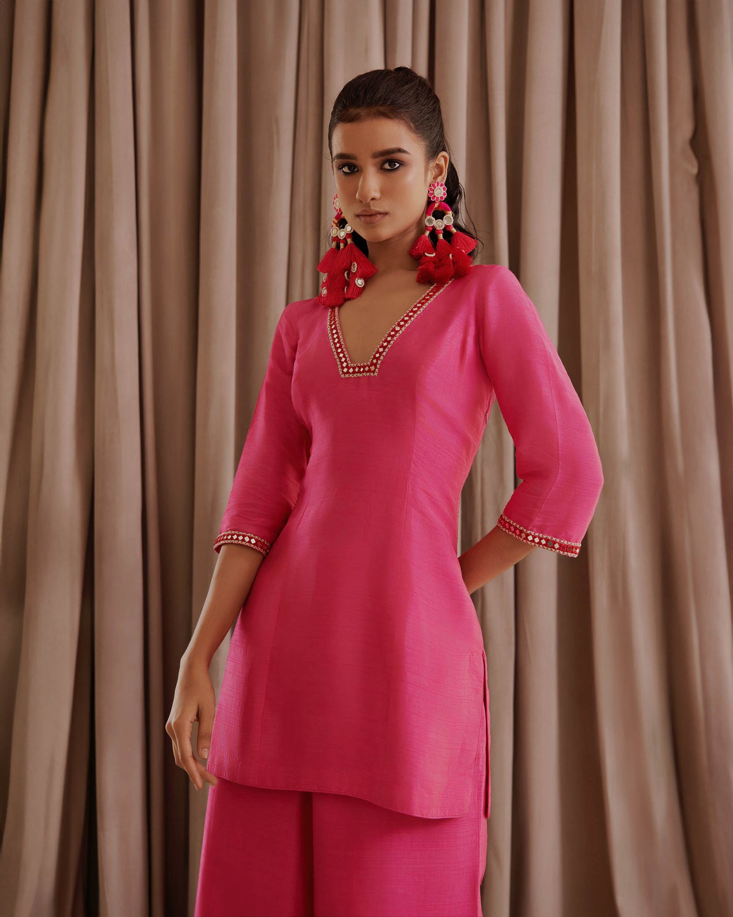 Hot Pink Silk Kurti Palazzo Set