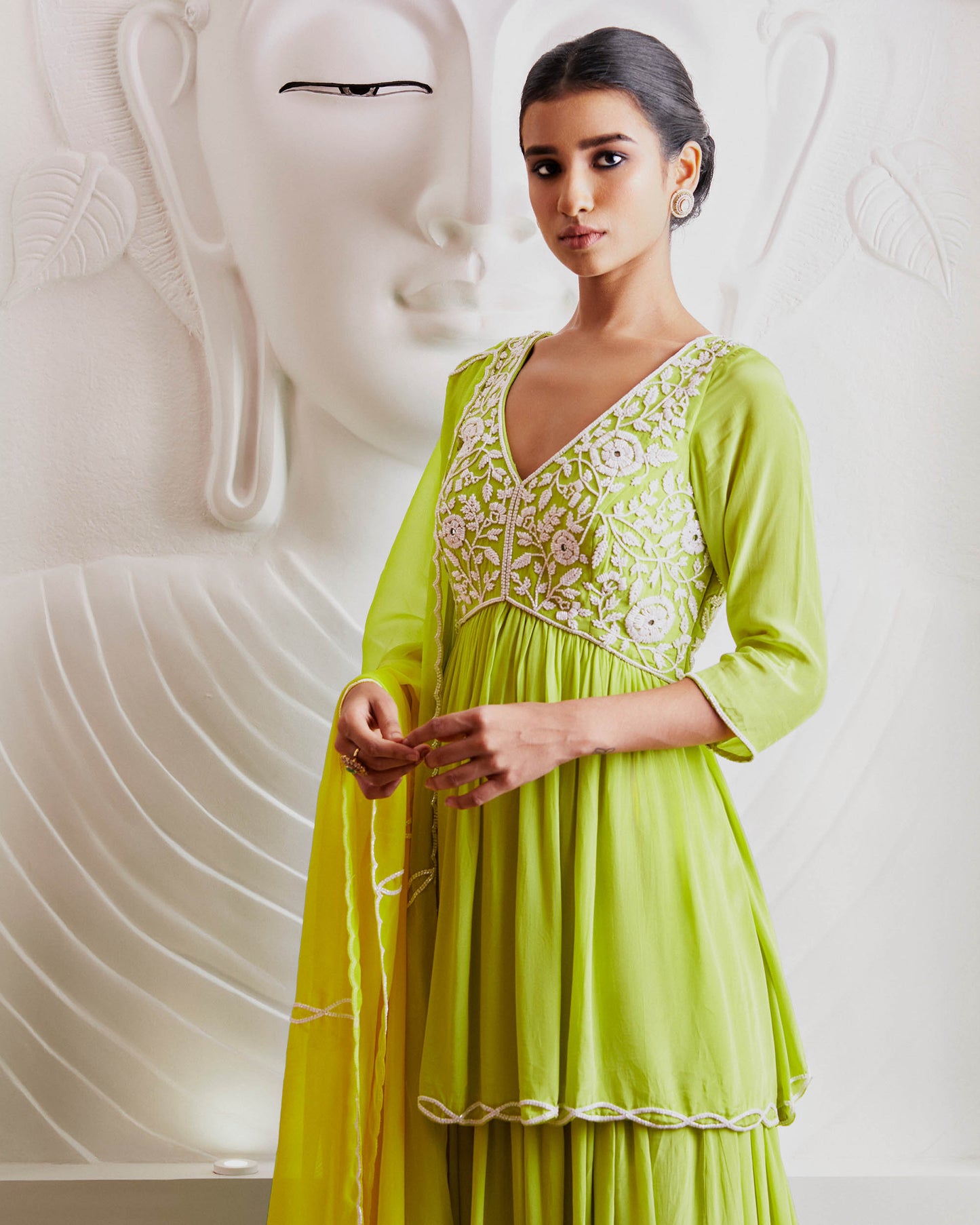 Parrot Green Crepe Hand Embroidered Kurti Set