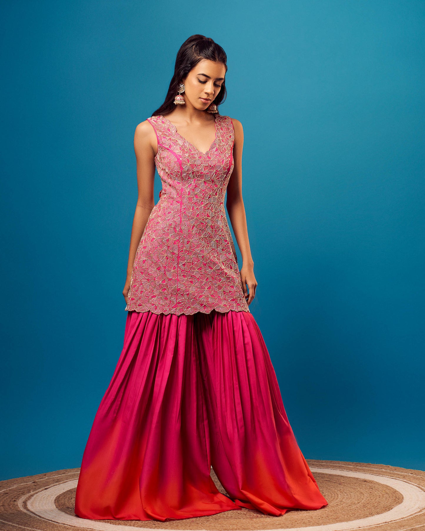 Pink-Orange Ombre Crepe Floral Sharara Set