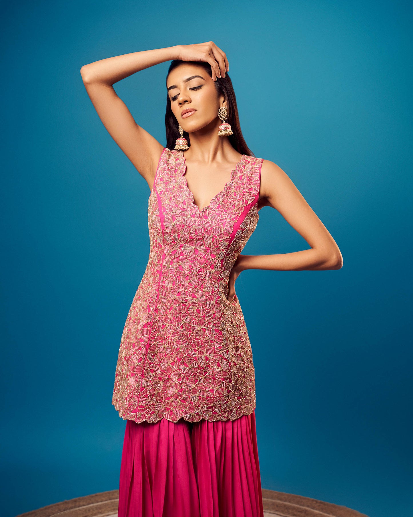 Pink-Orange Ombre Crepe Floral Sharara Set