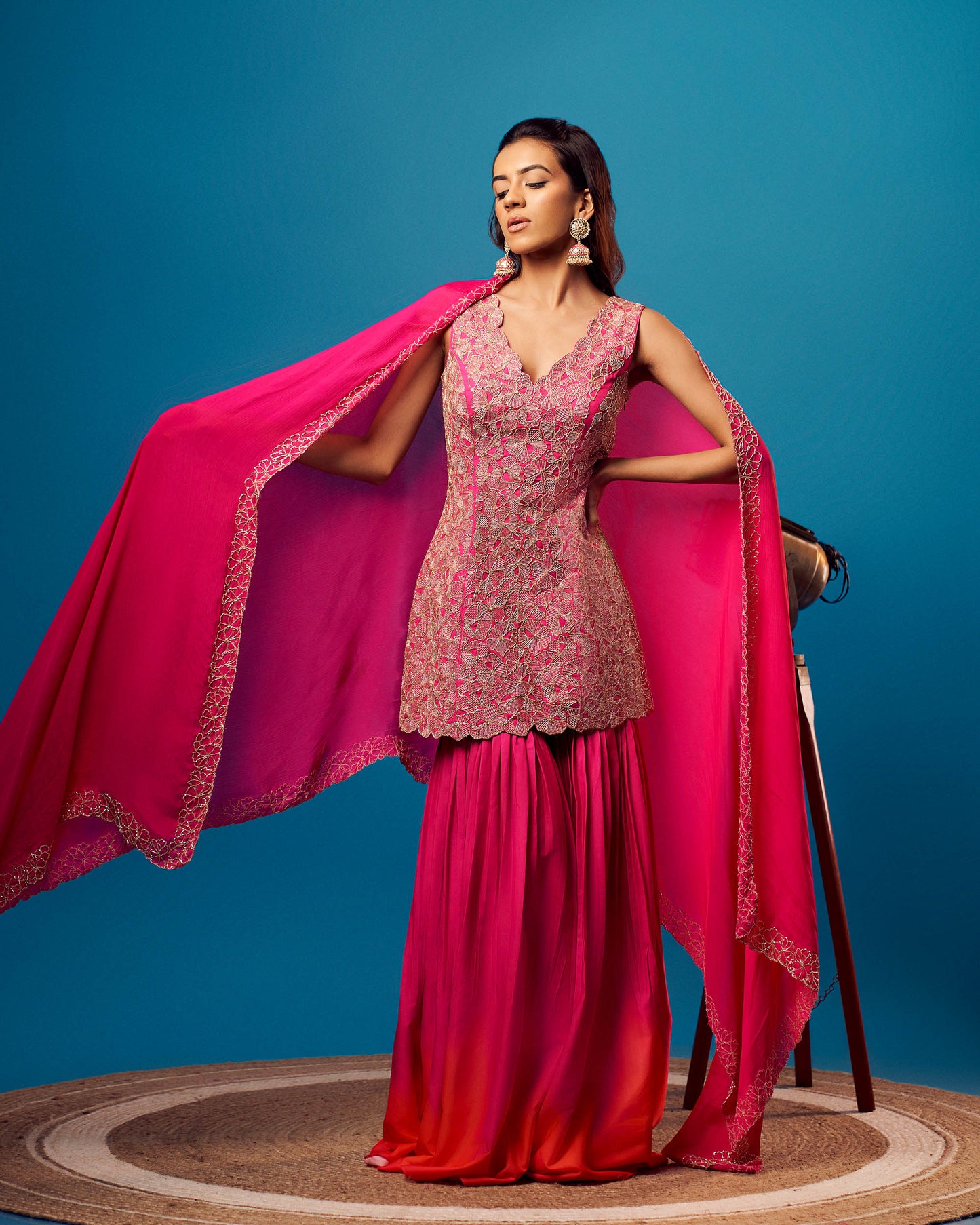 Pink-Orange Ombre Crepe Floral Sharara Set