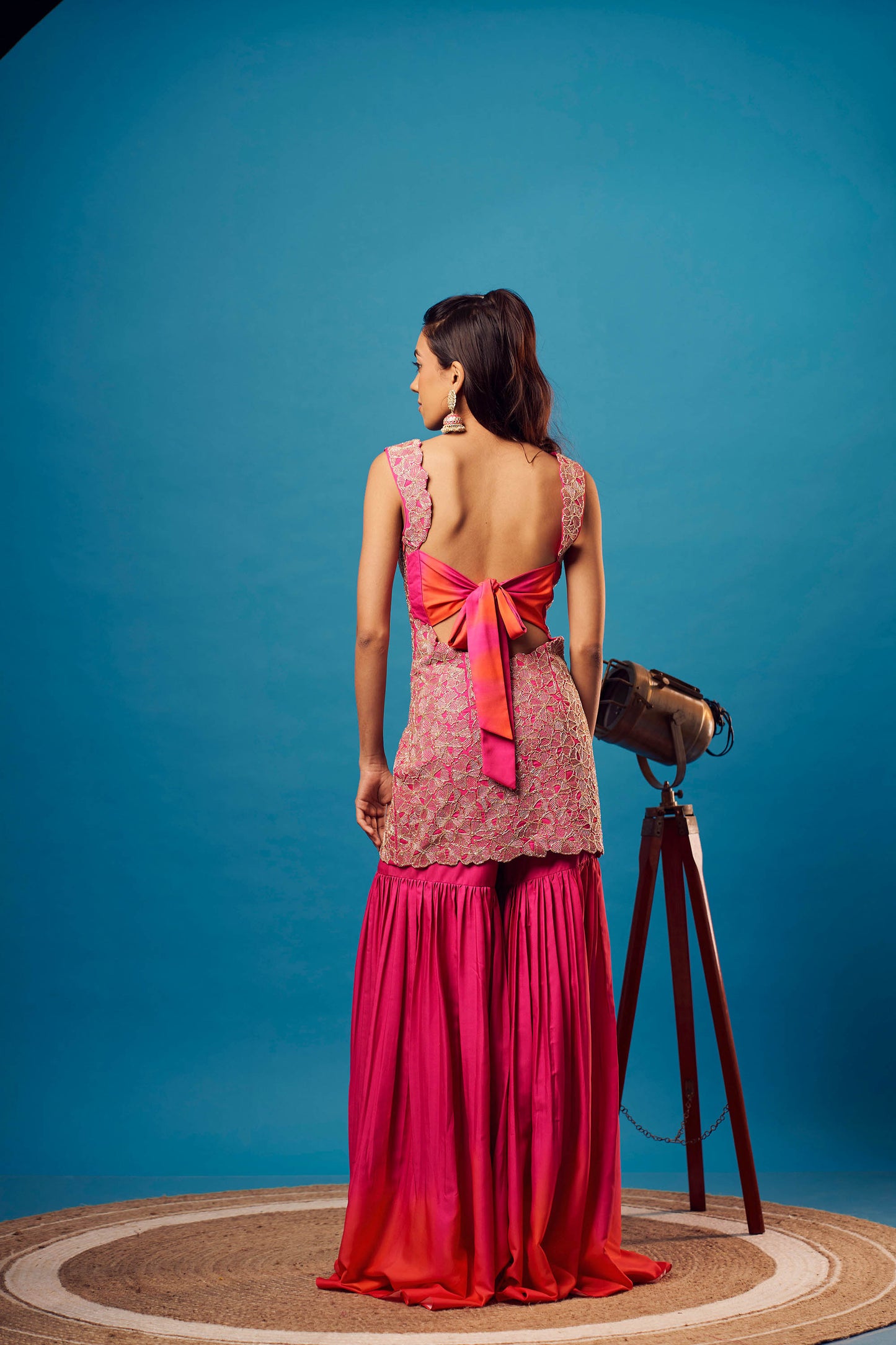 Pink-Orange Ombre Crepe Floral Sharara Set