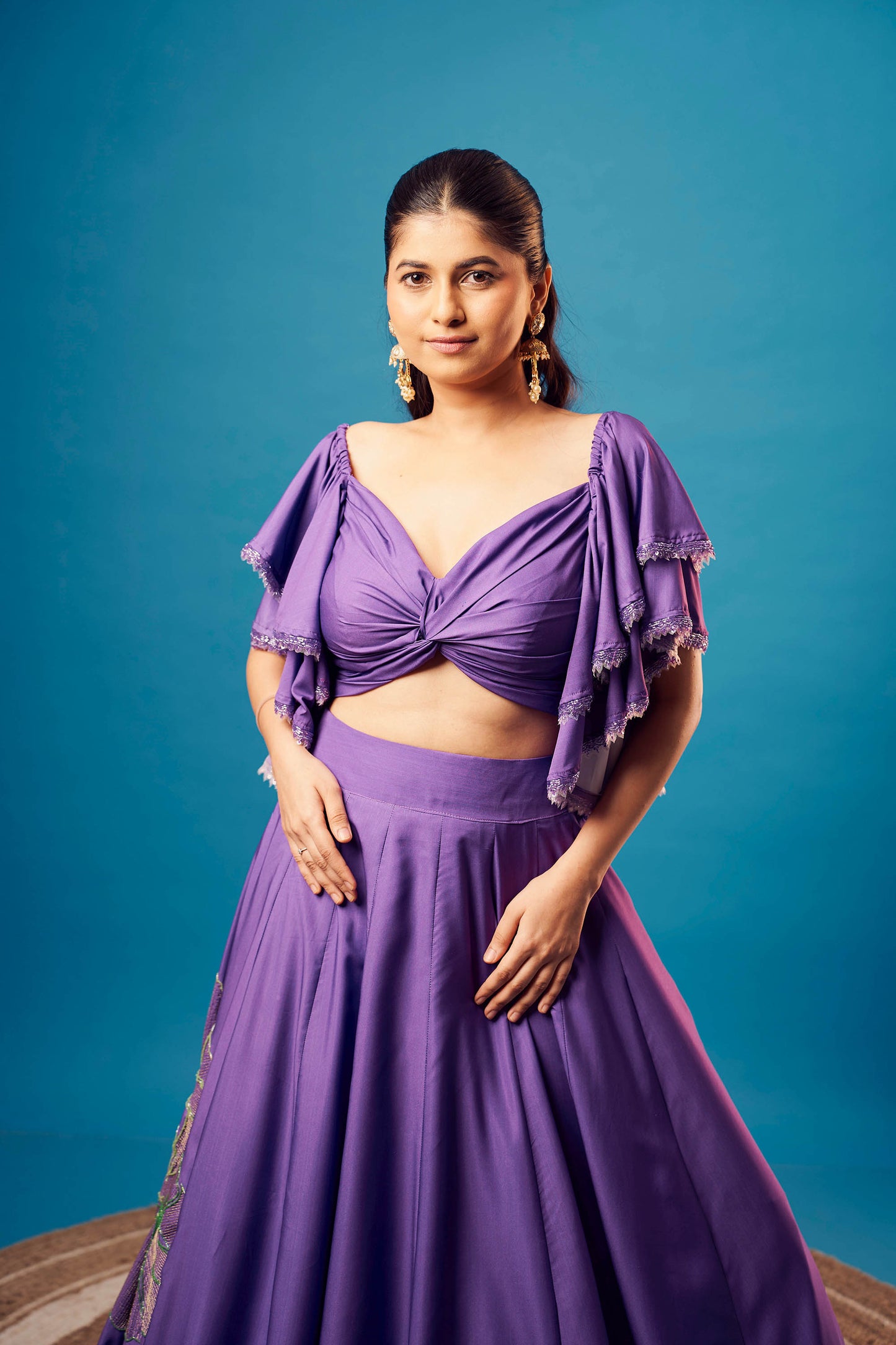 Purple-Green Ombre French Crepe Off-Shoulder Set