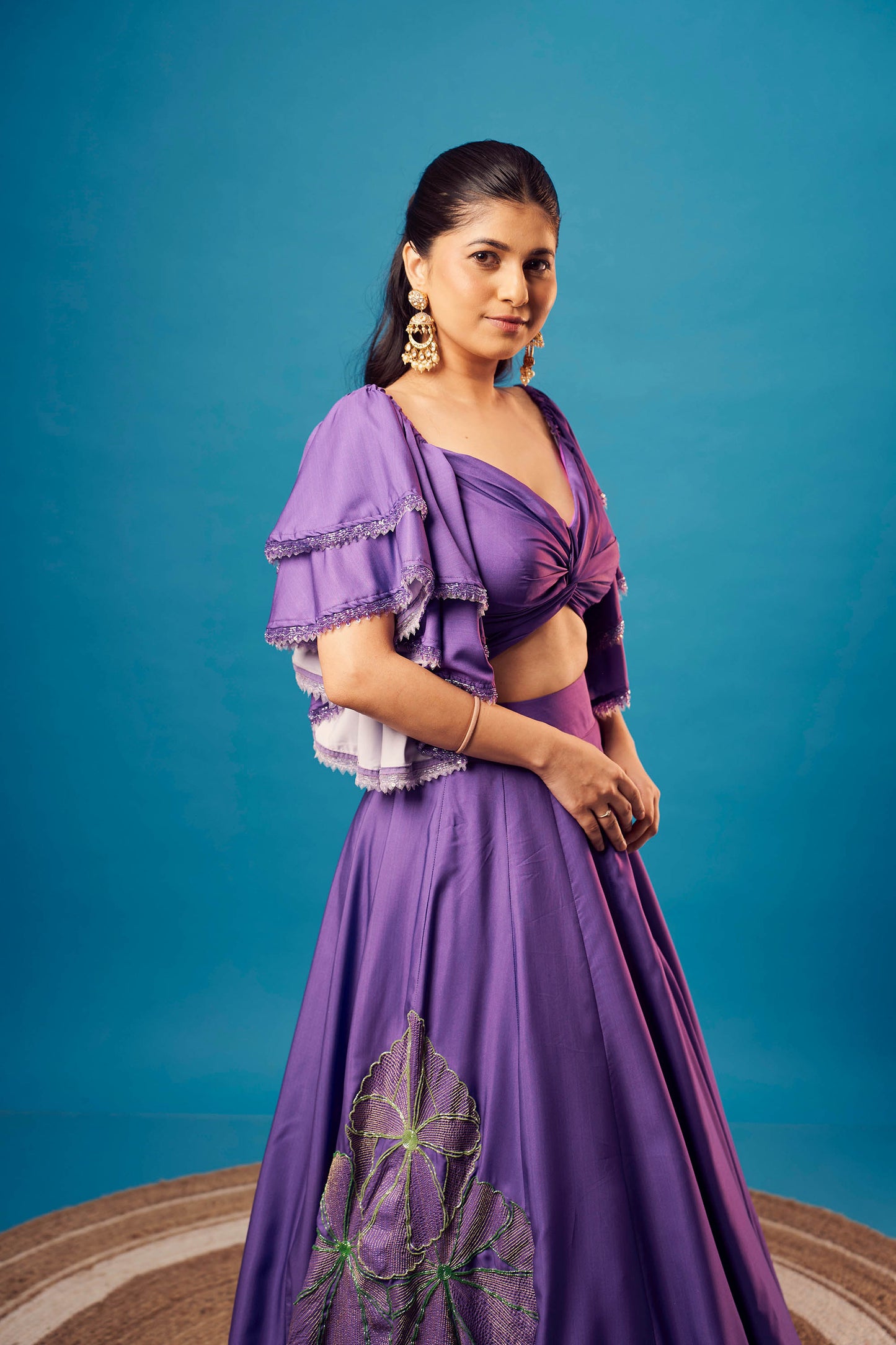 Purple-Green Ombre French Crepe Off-Shoulder Set