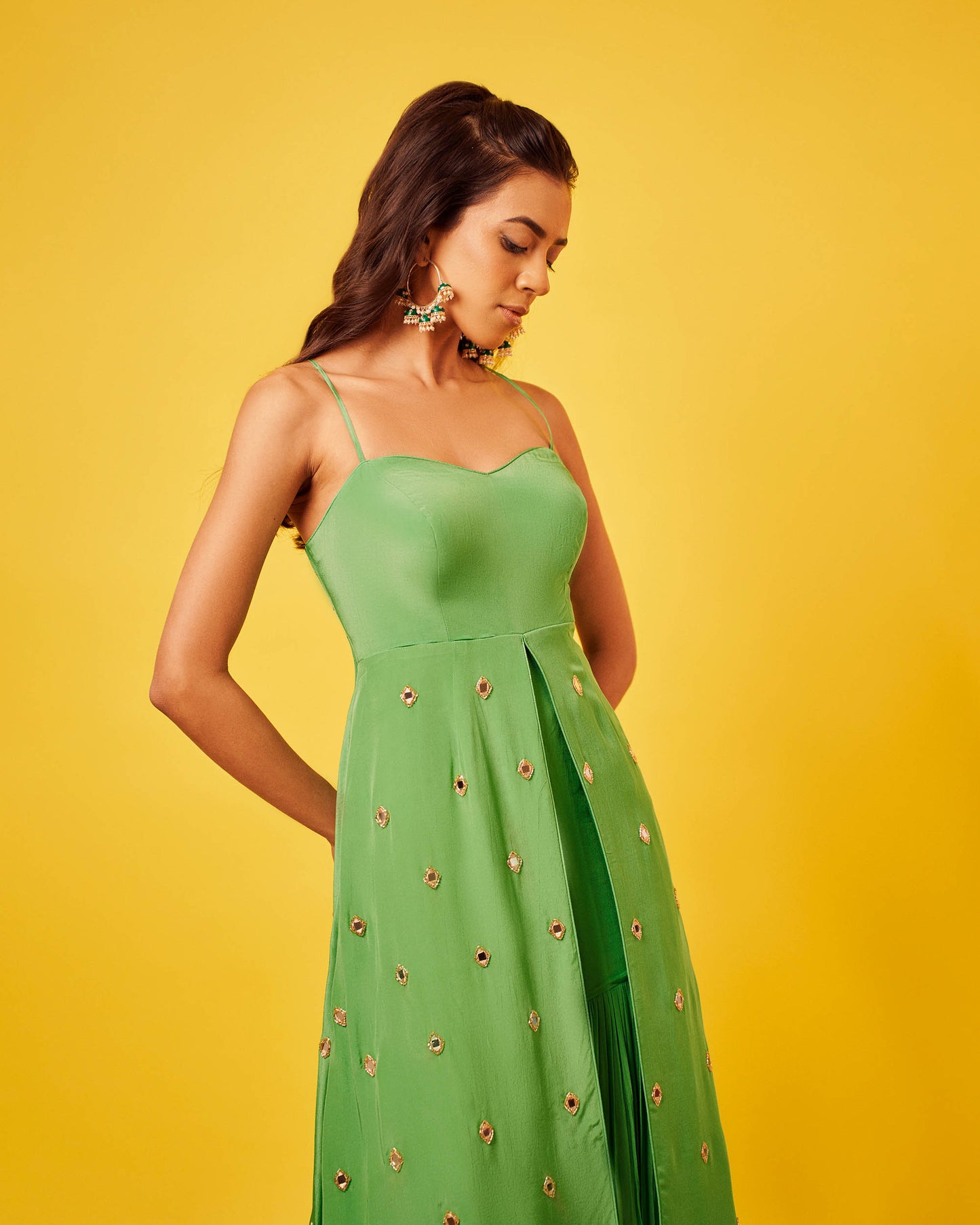 Light Green Crepe Mirror-work Long Top Sharara Set