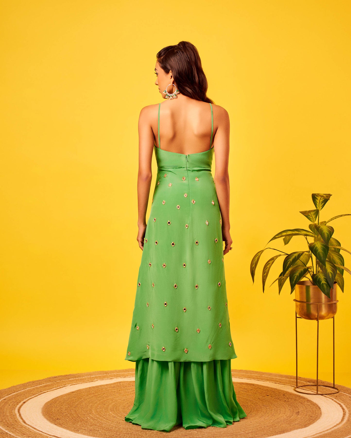 Light Green Crepe Mirror-work Long Top Sharara Set