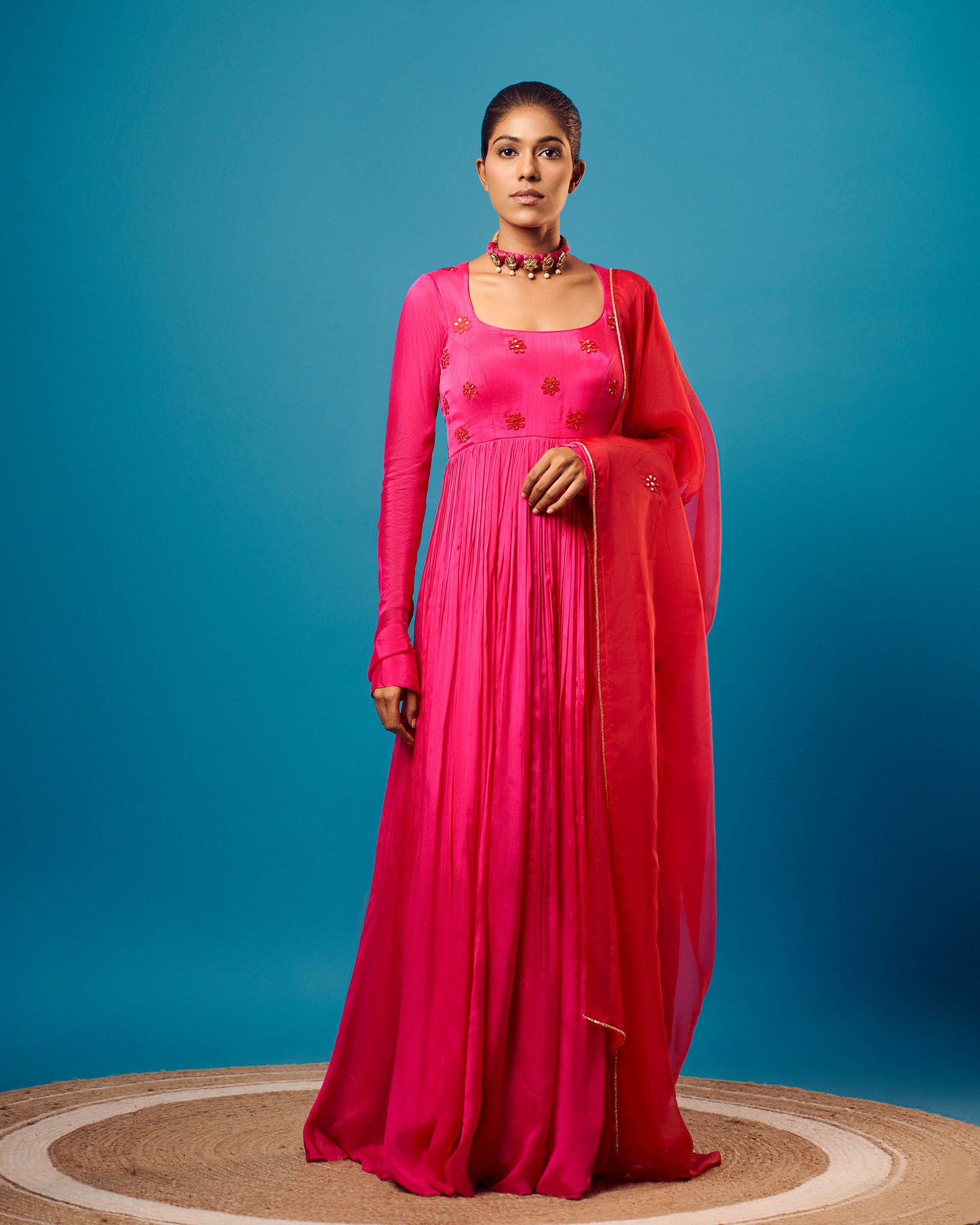 Fuchsia Pink Crepe Mirror-work Anarkali Set