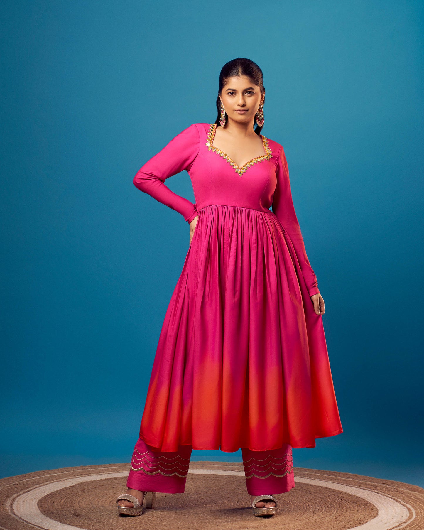 Pink-Orange Ombre French Crepe Sweetheart Anarkali Set