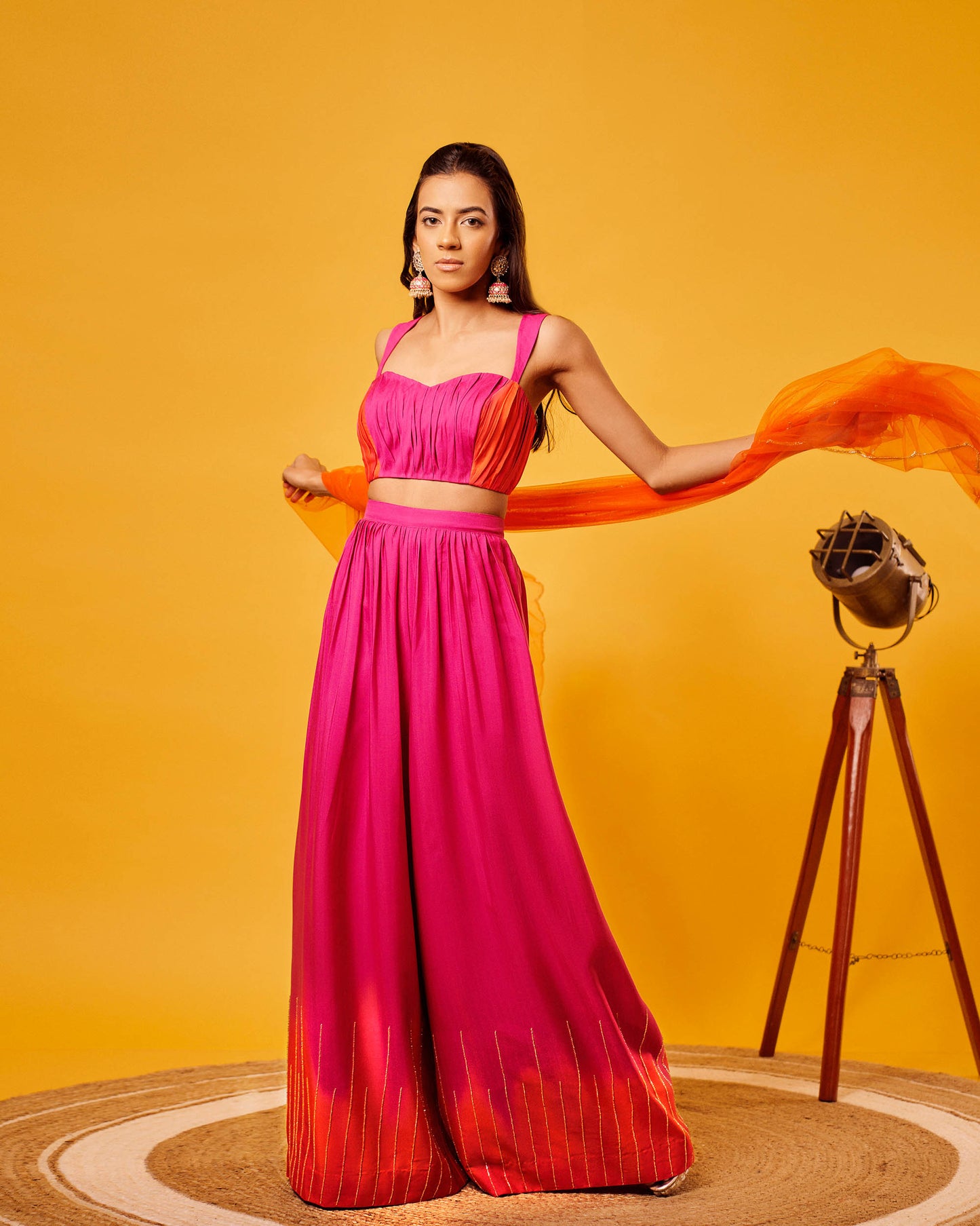 Pink-Orange Ombre French Crepe Ruching Set