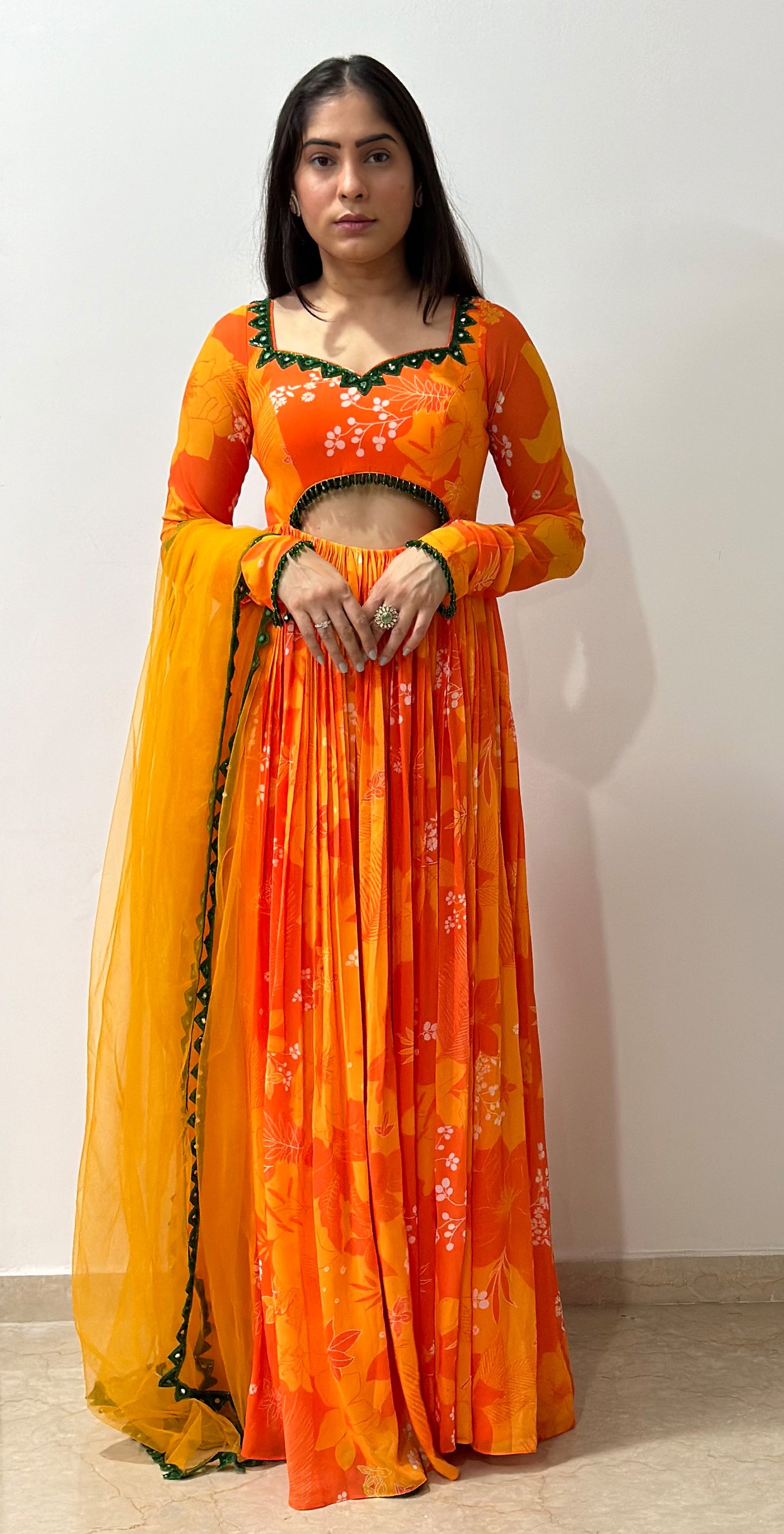 Yellow and Orange Printed cut-out Designer Anarkali Set