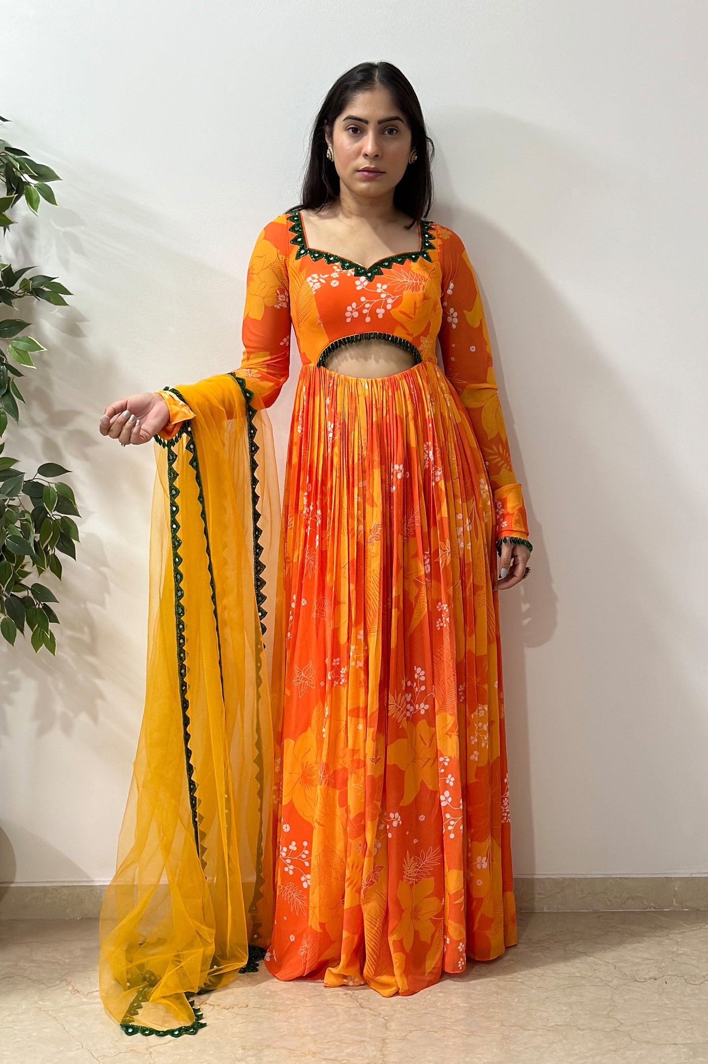 Yellow and Orange Printed cut-out Designer Anarkali Set