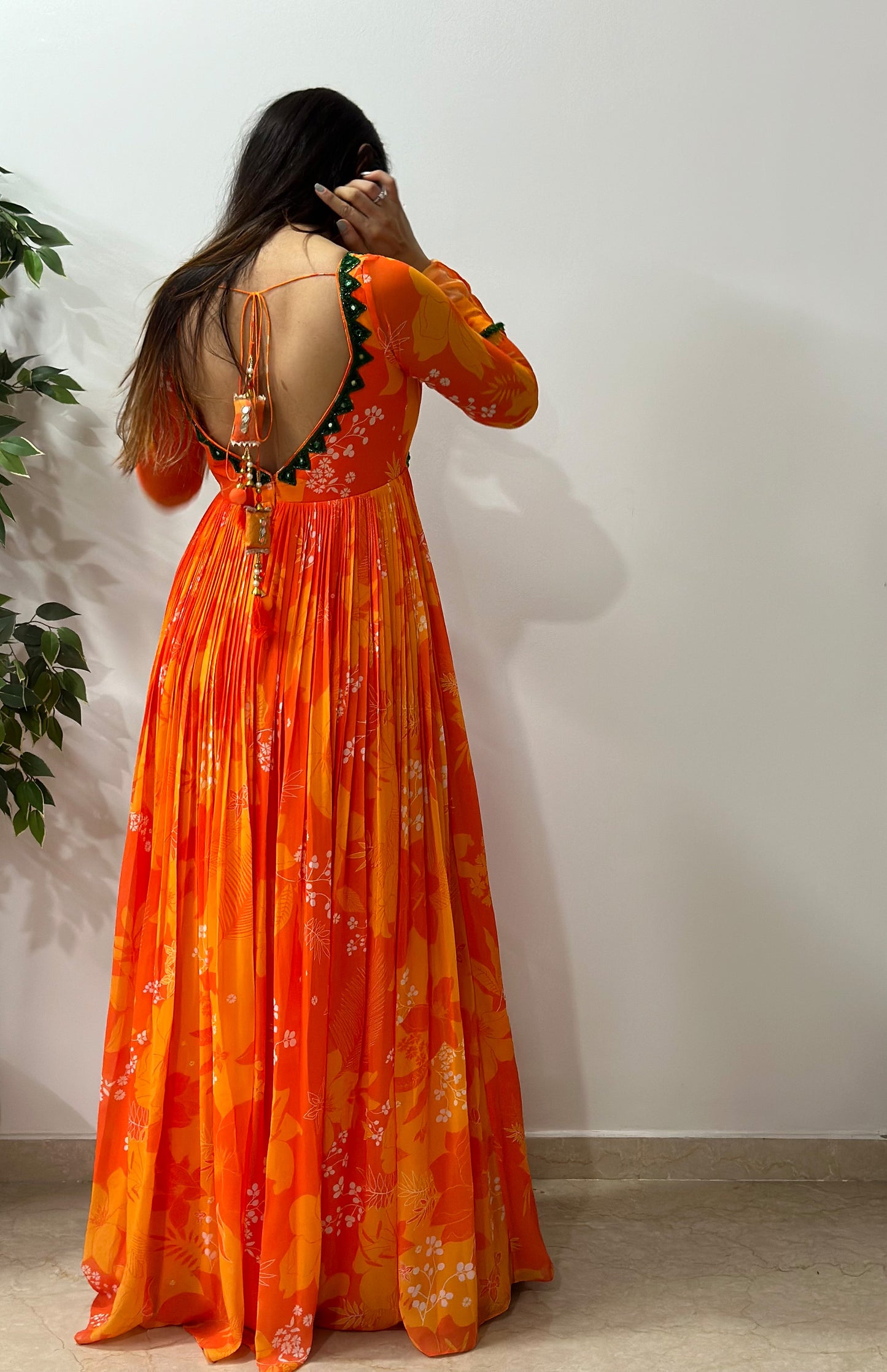 Yellow and Orange Printed cut-out Designer Anarkali Set