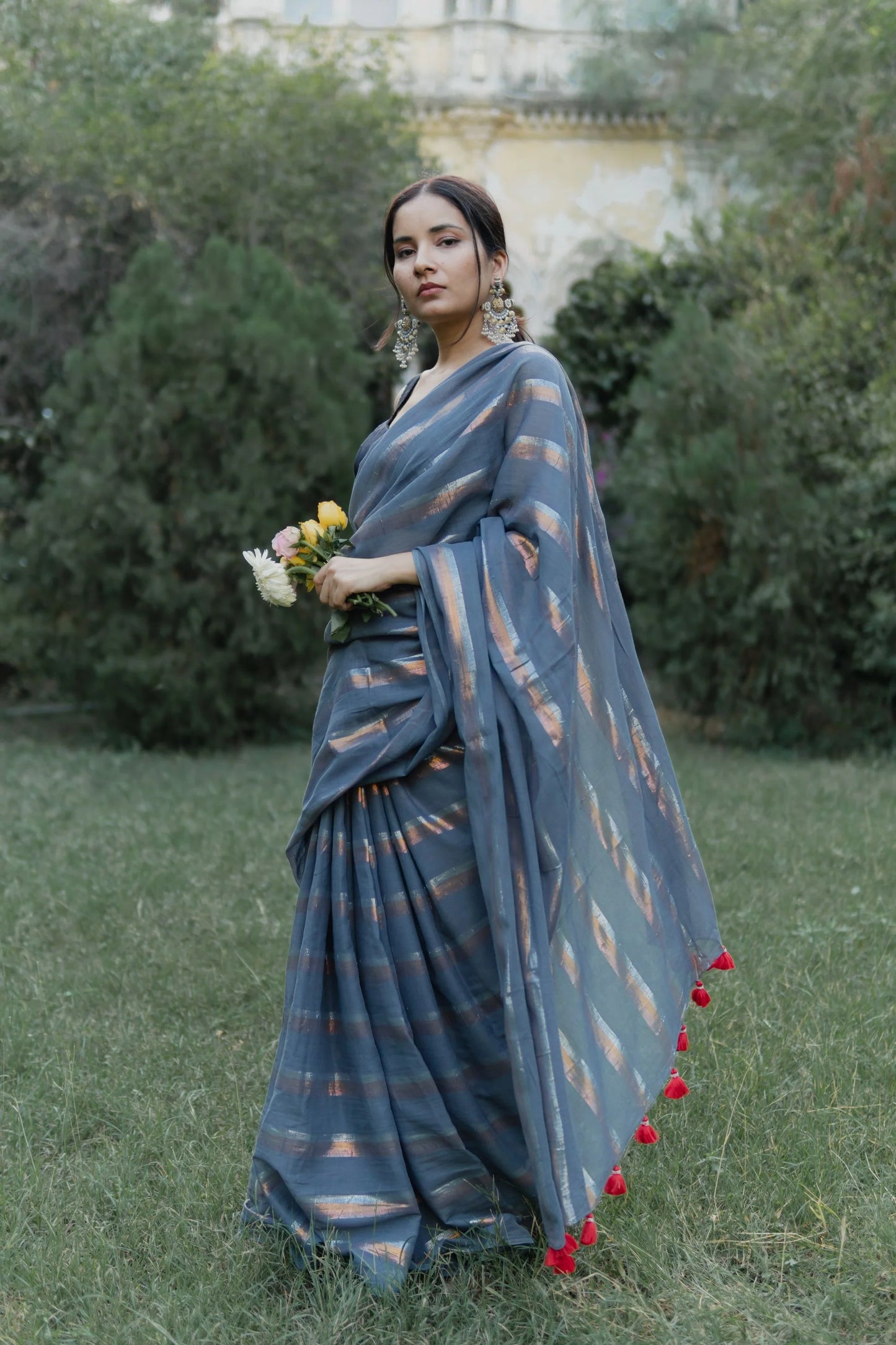 Ash Grey Cotton Mulmul Rang Saree