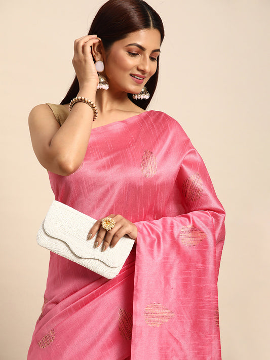 Baby Pink Handloom Ghicha Raw Silk Butti woven saree