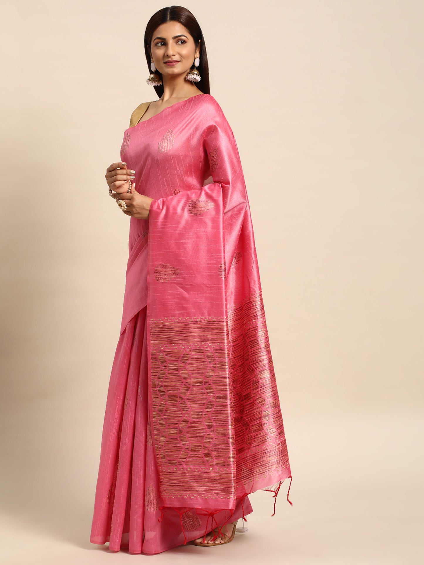 Baby Pink Handloom Ghicha Raw Silk Butti woven saree