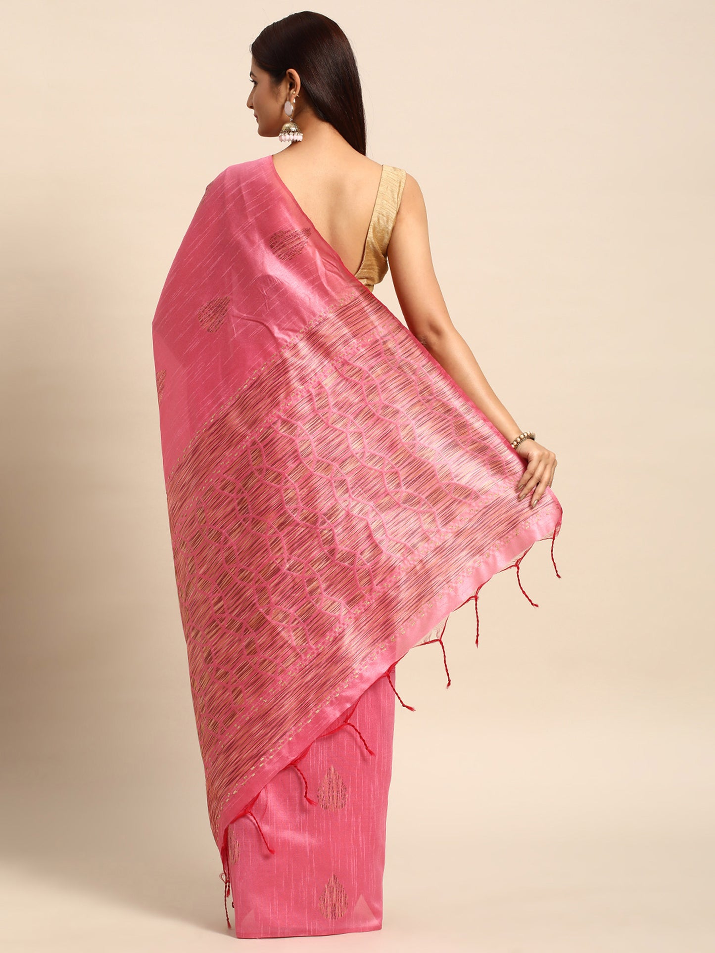 Baby Pink Handloom Ghicha Raw Silk Butti woven saree