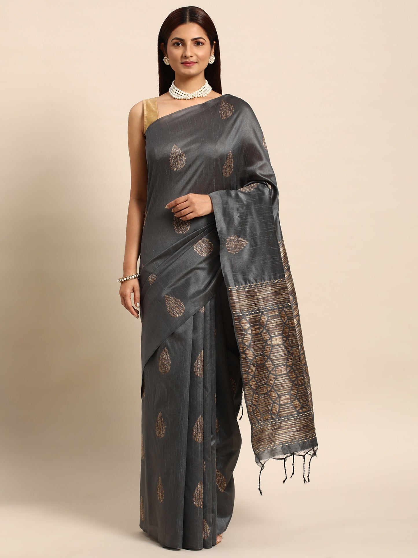 Grey Handloom Ghicha Raw Silk Butti woven saree