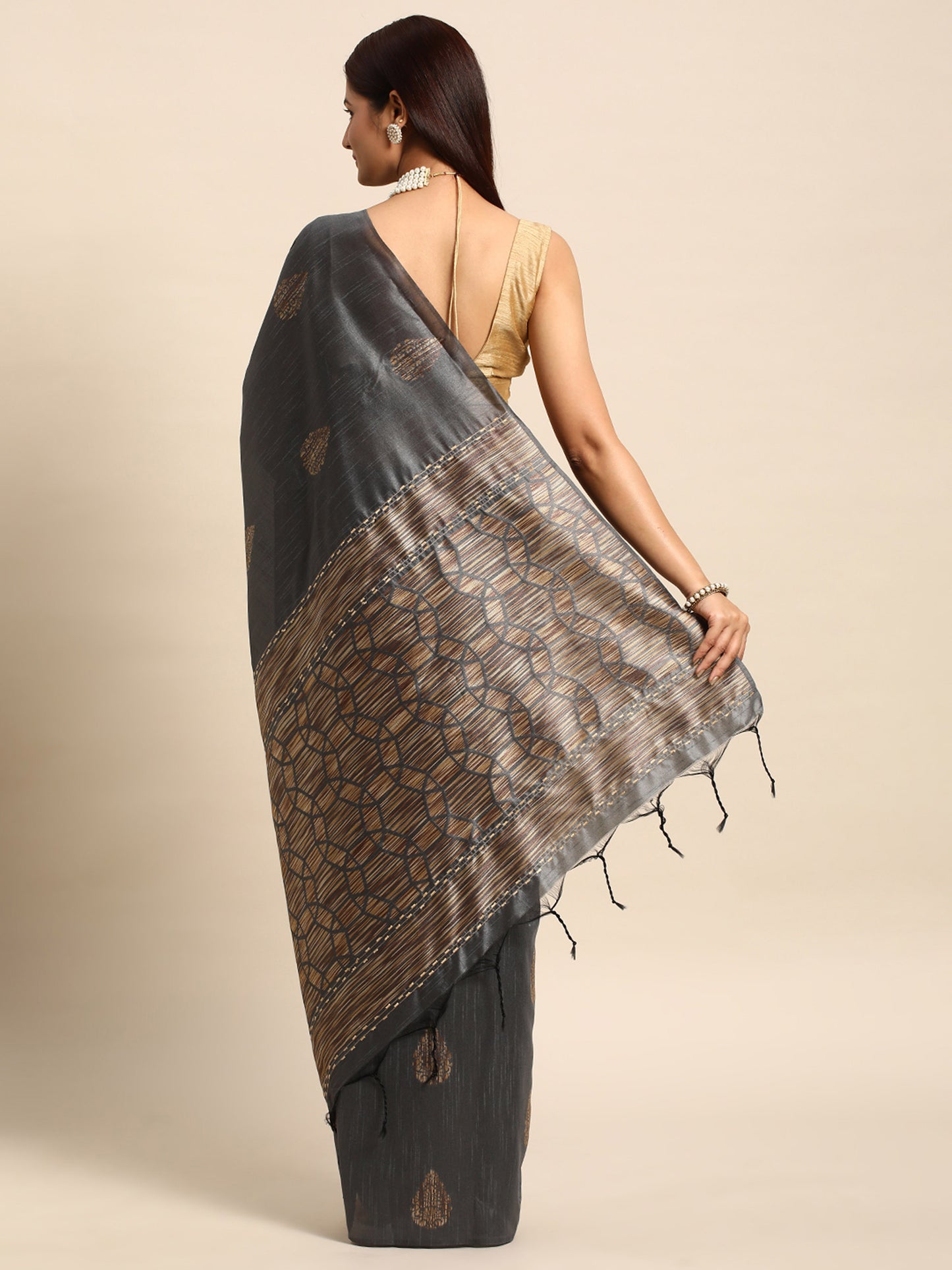 Grey Handloom Ghicha Raw Silk Butti woven saree