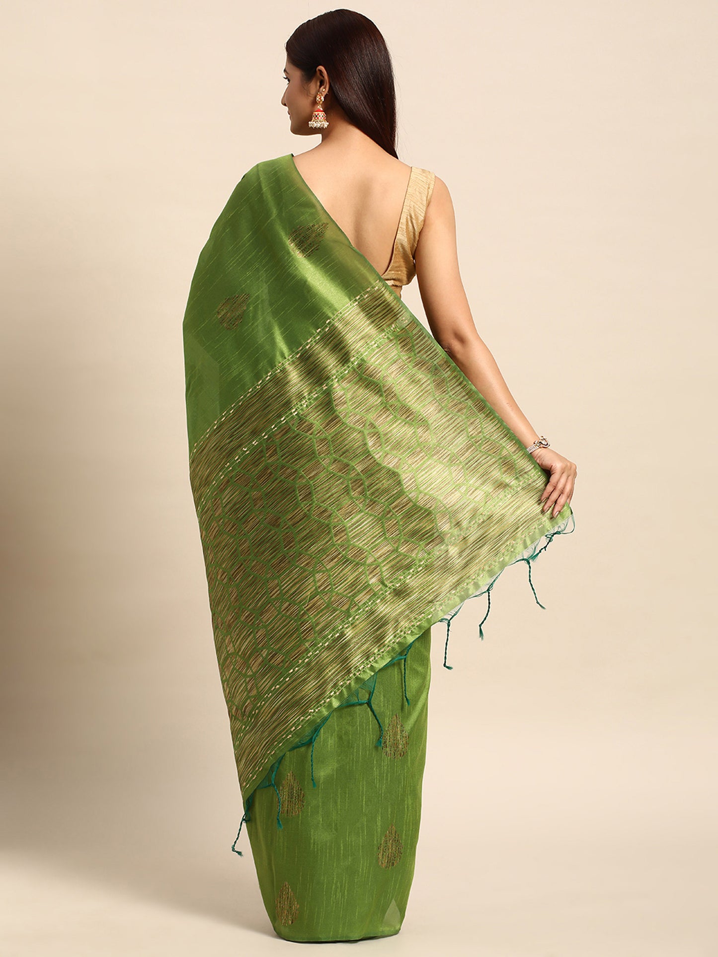 Mehendi Handloom Ghicha Raw Silk Butti woven saree