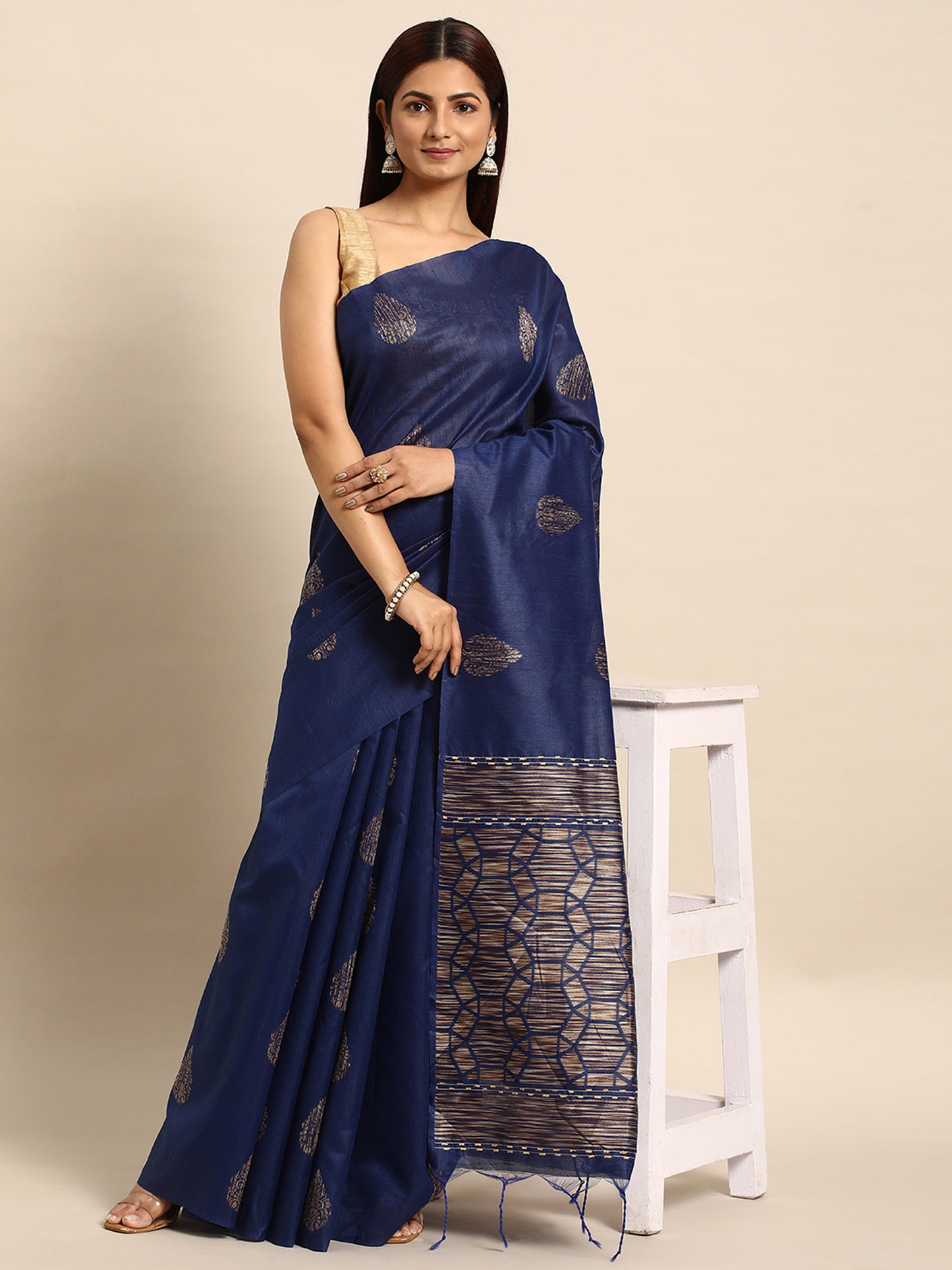 Blue Handloom Ghicha Raw Silk Butti woven saree