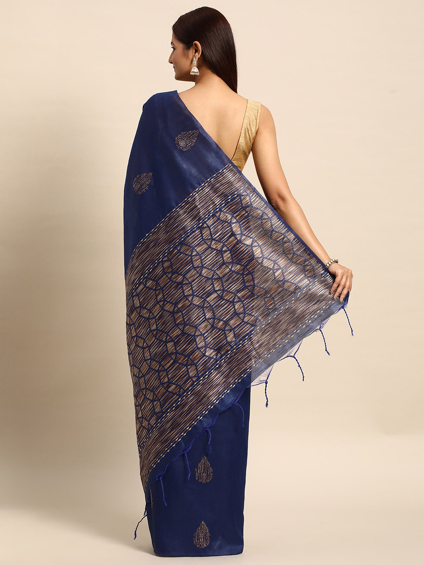 Blue Handloom Ghicha Raw Silk Butti woven saree